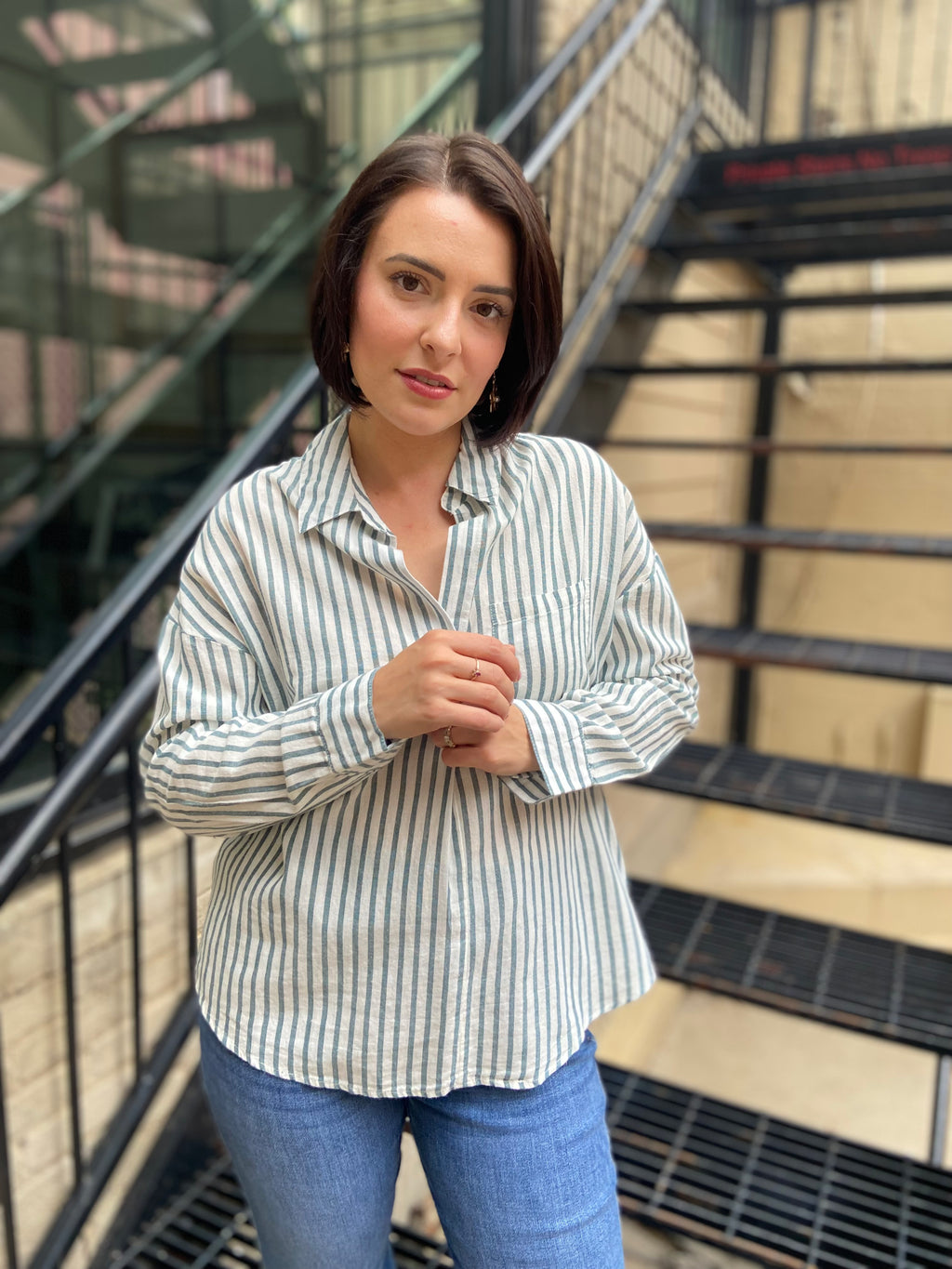 Sallie Moss Green Front Tuck Striped Long Sleeve