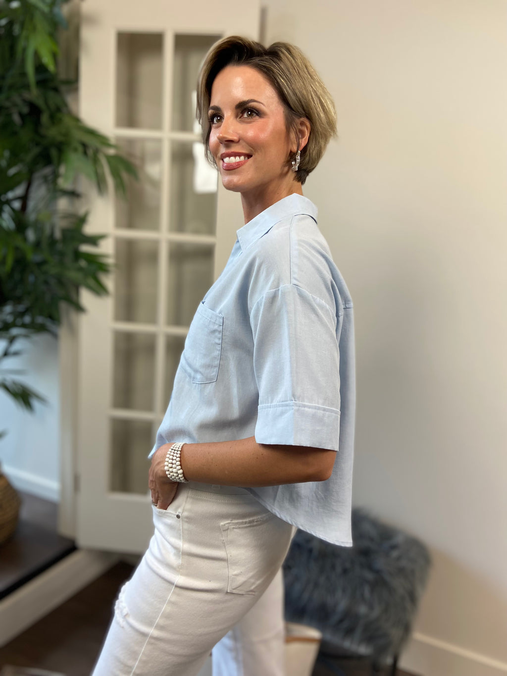 Ellie Light Blue Short Sleeve Button Up Top - MK Threads Boutique