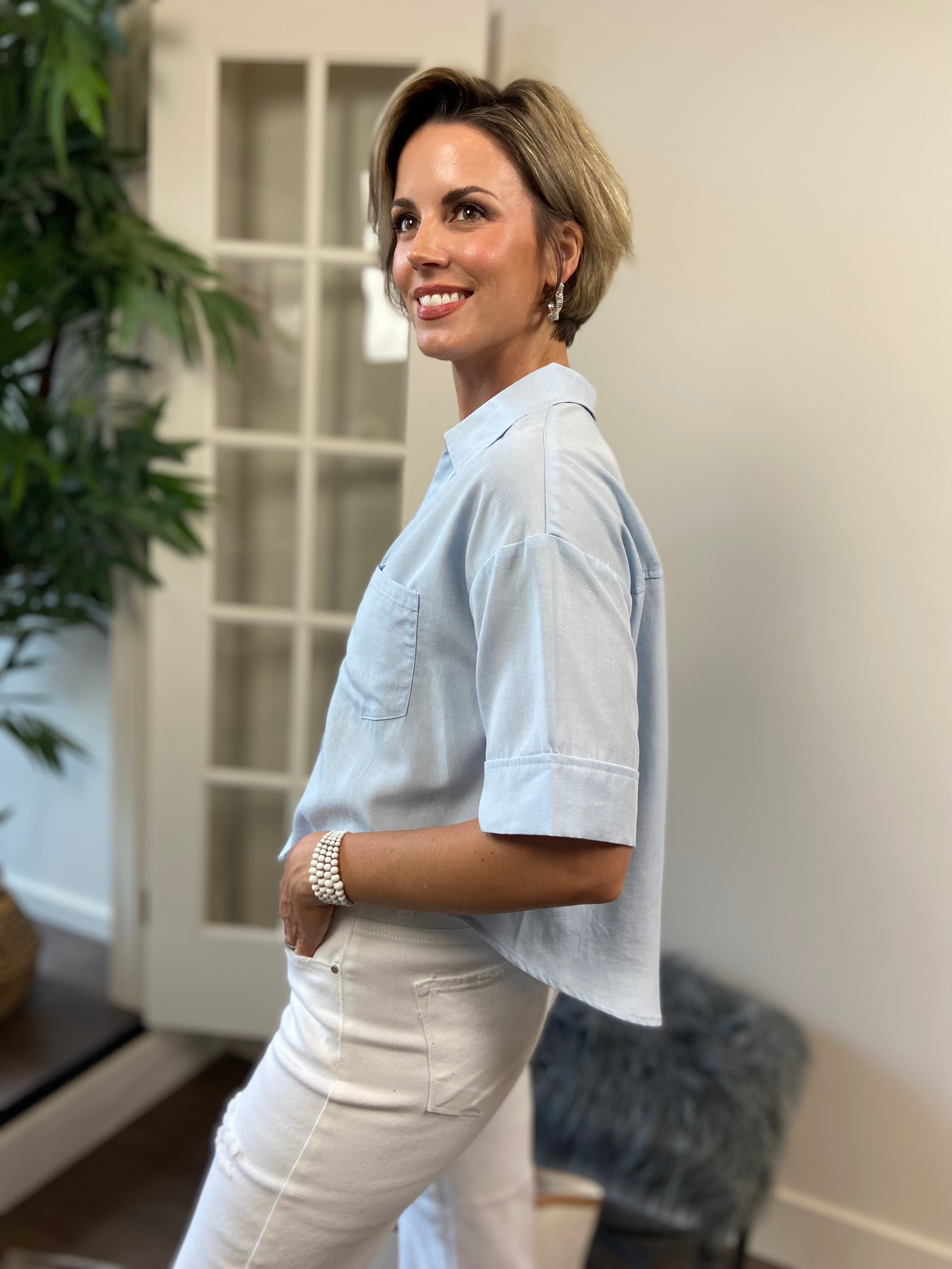 Ellie Light Blue Short Sleeve Button Up Top - MK Threads Boutique