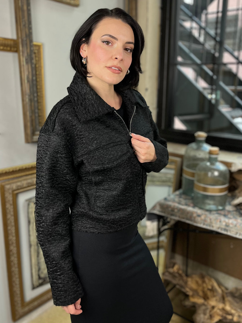 Natalie Black Boucle Cropped Jacket