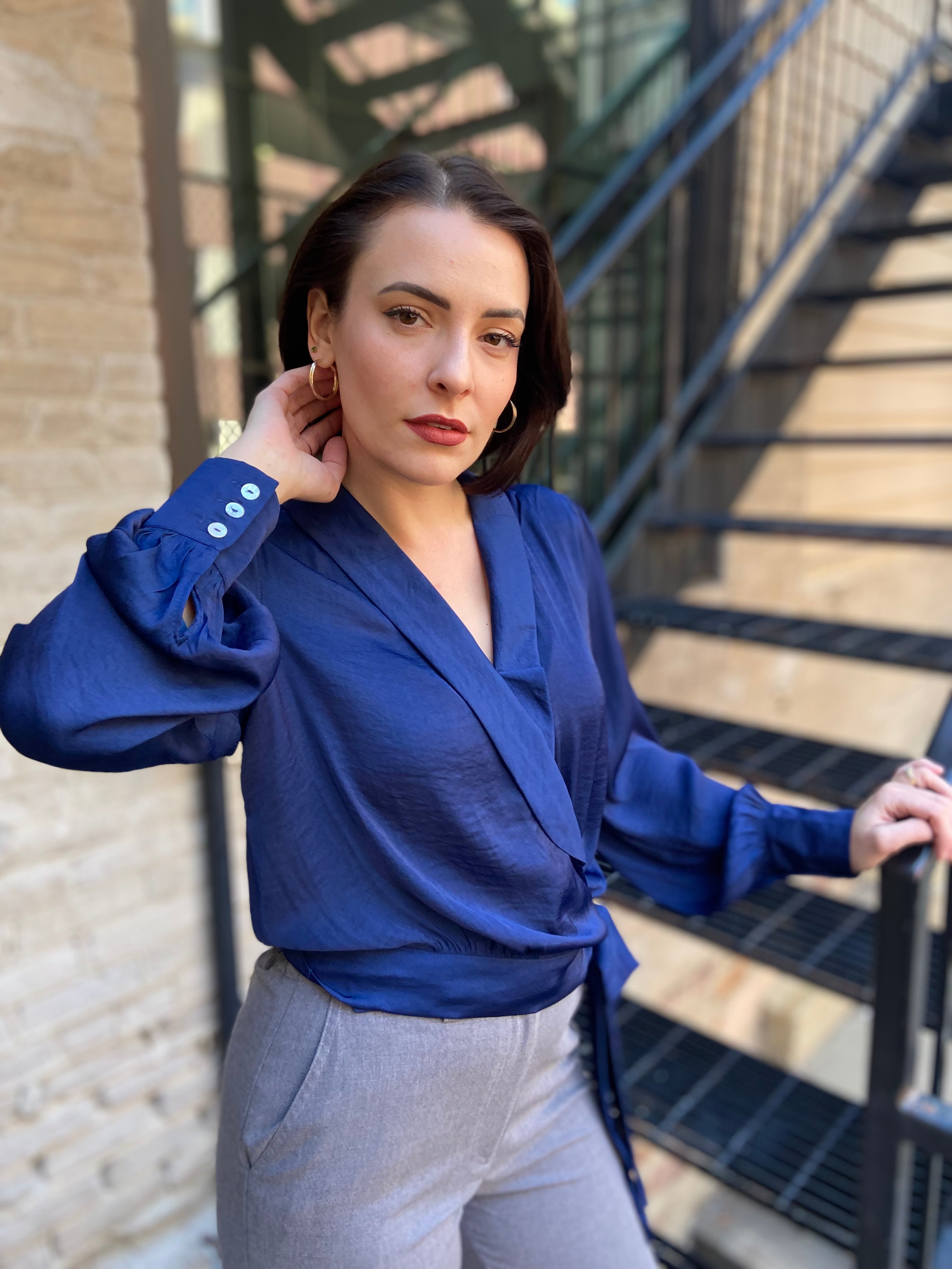 Brooke Navy Tie Long Balloon Sleeve Blouse
