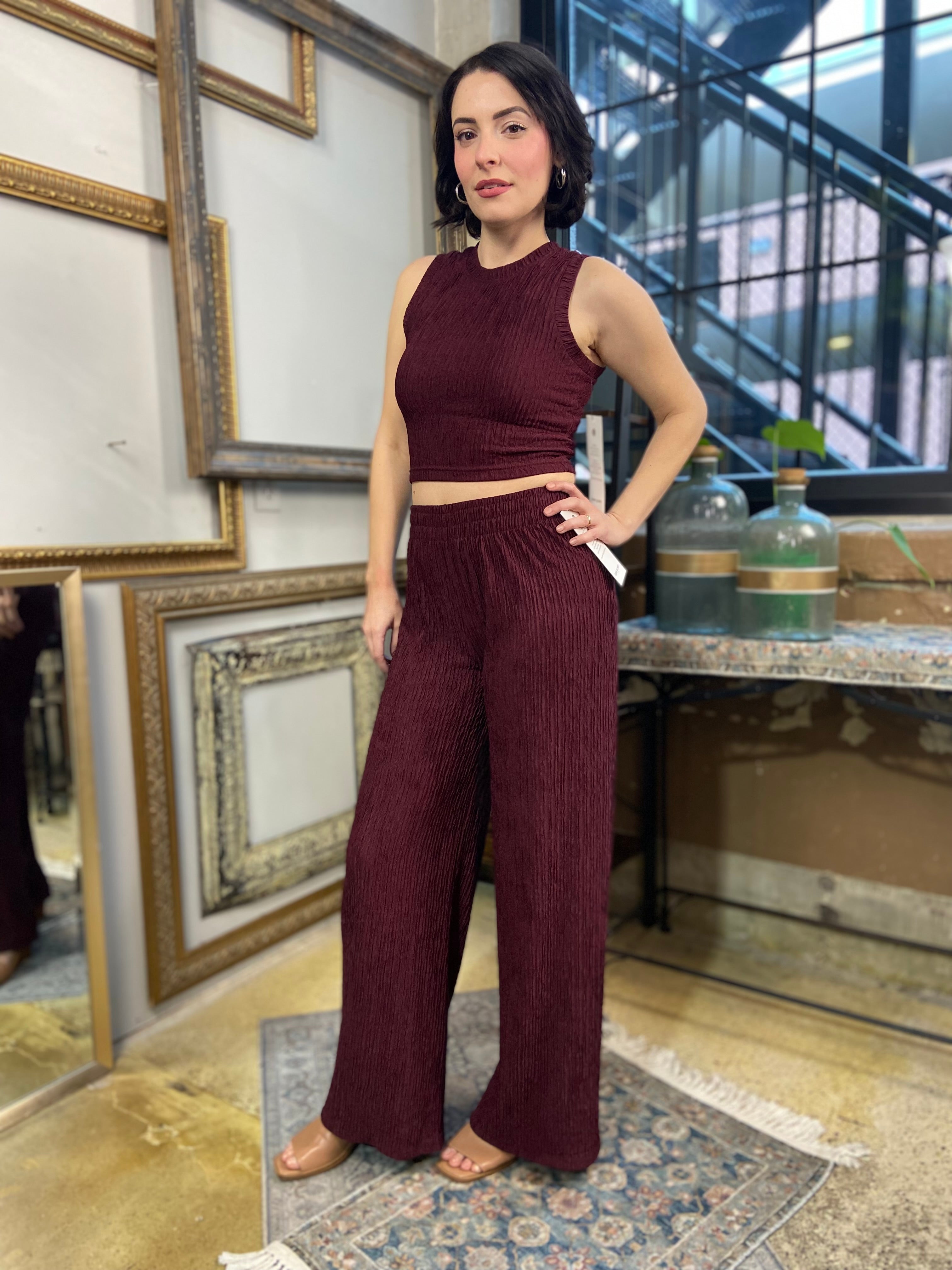 Gianni Plum Crinkle Textured Loungewear Set