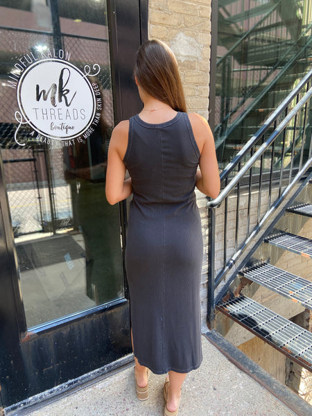 Julie Charcoal Ribbed Side Slit Midi Dress