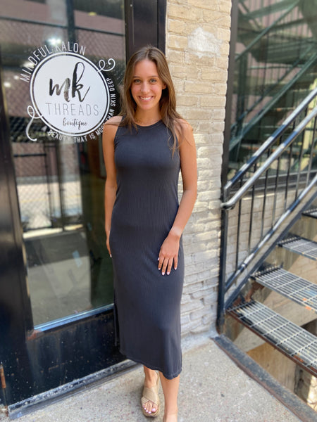 Julie Charcoal Ribbed Side Slit Midi Dress