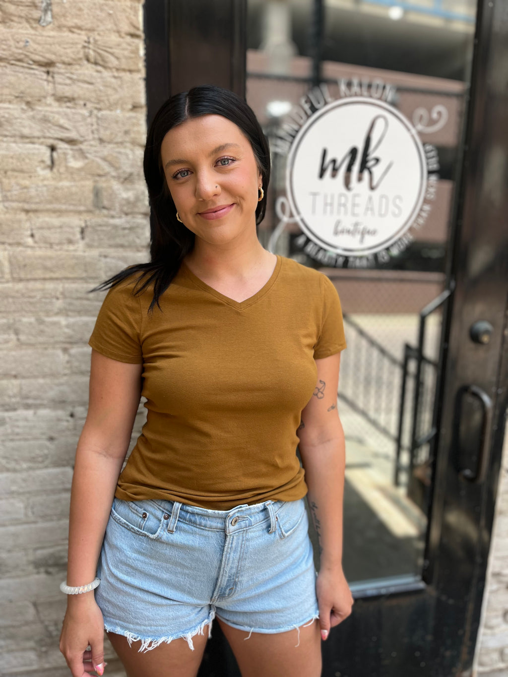Sia Bronze Brown Basic V-Neck Top