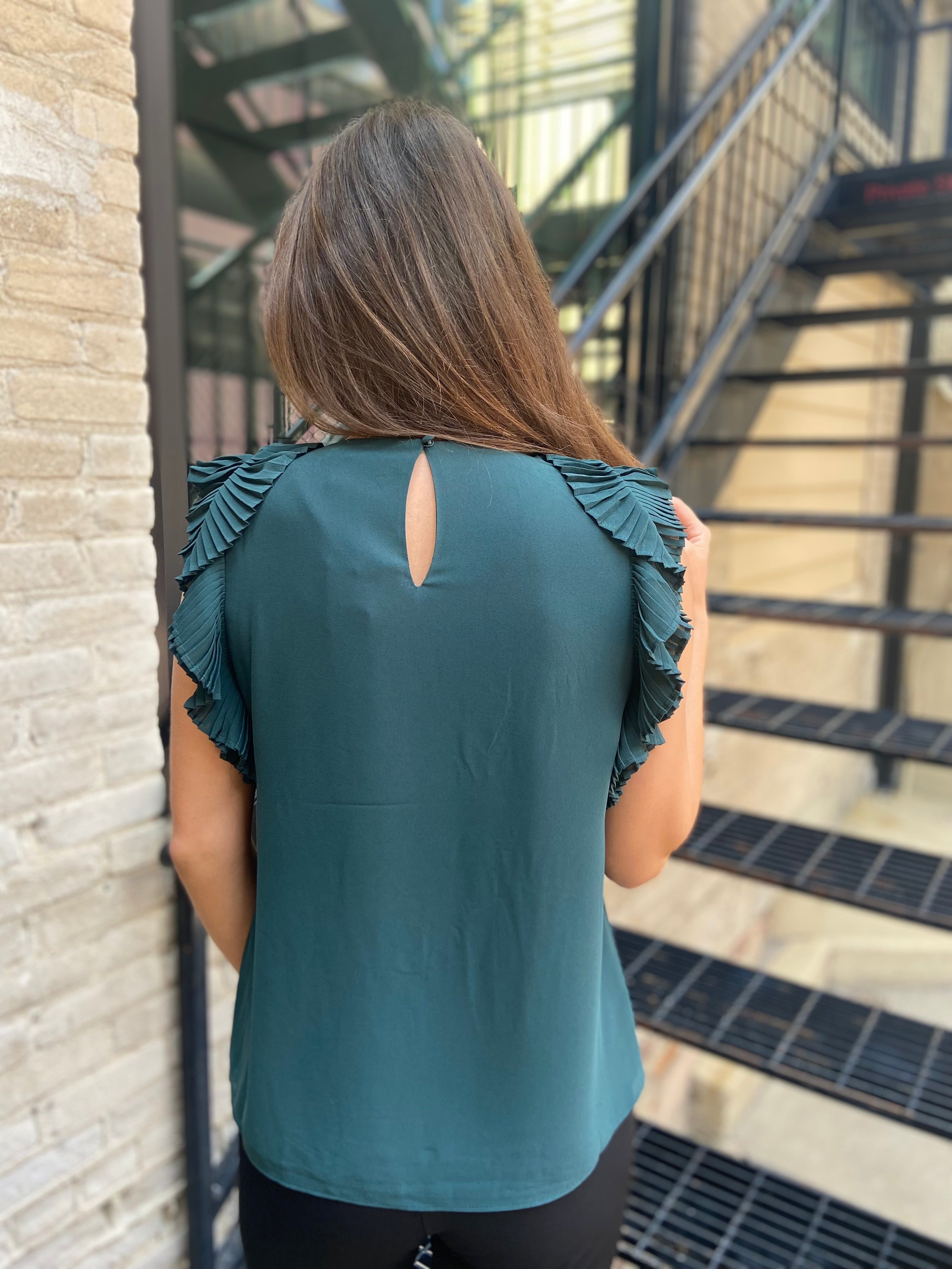 Emmett Forest Green Pleated Flutter Sleeve Blouse