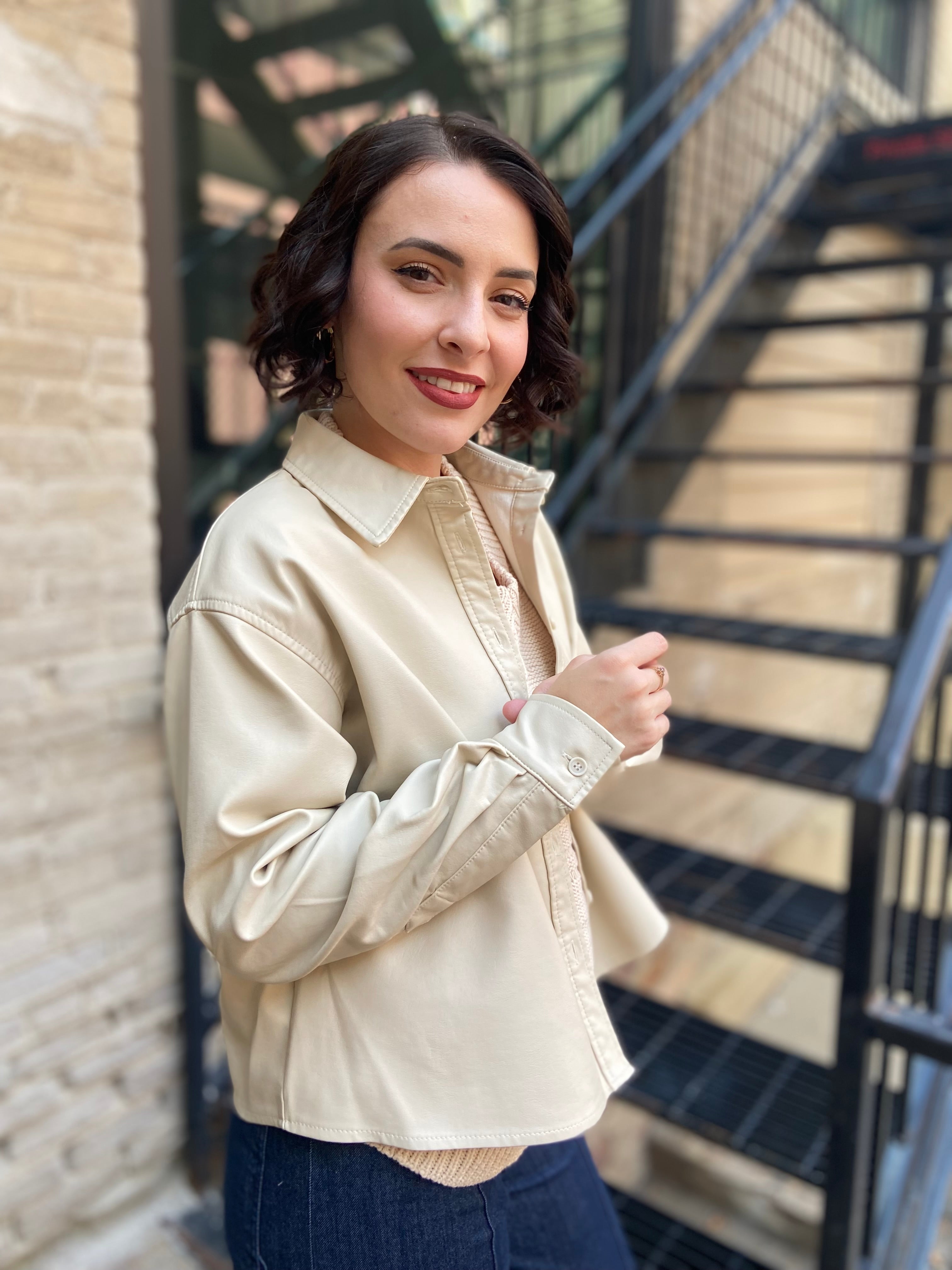 Marlowe Ecru Cropped Faux Leather Jacket