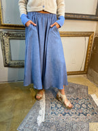 Sall Denim Blue High Waisted Elastic Midi Skirt - MK Threads Boutique