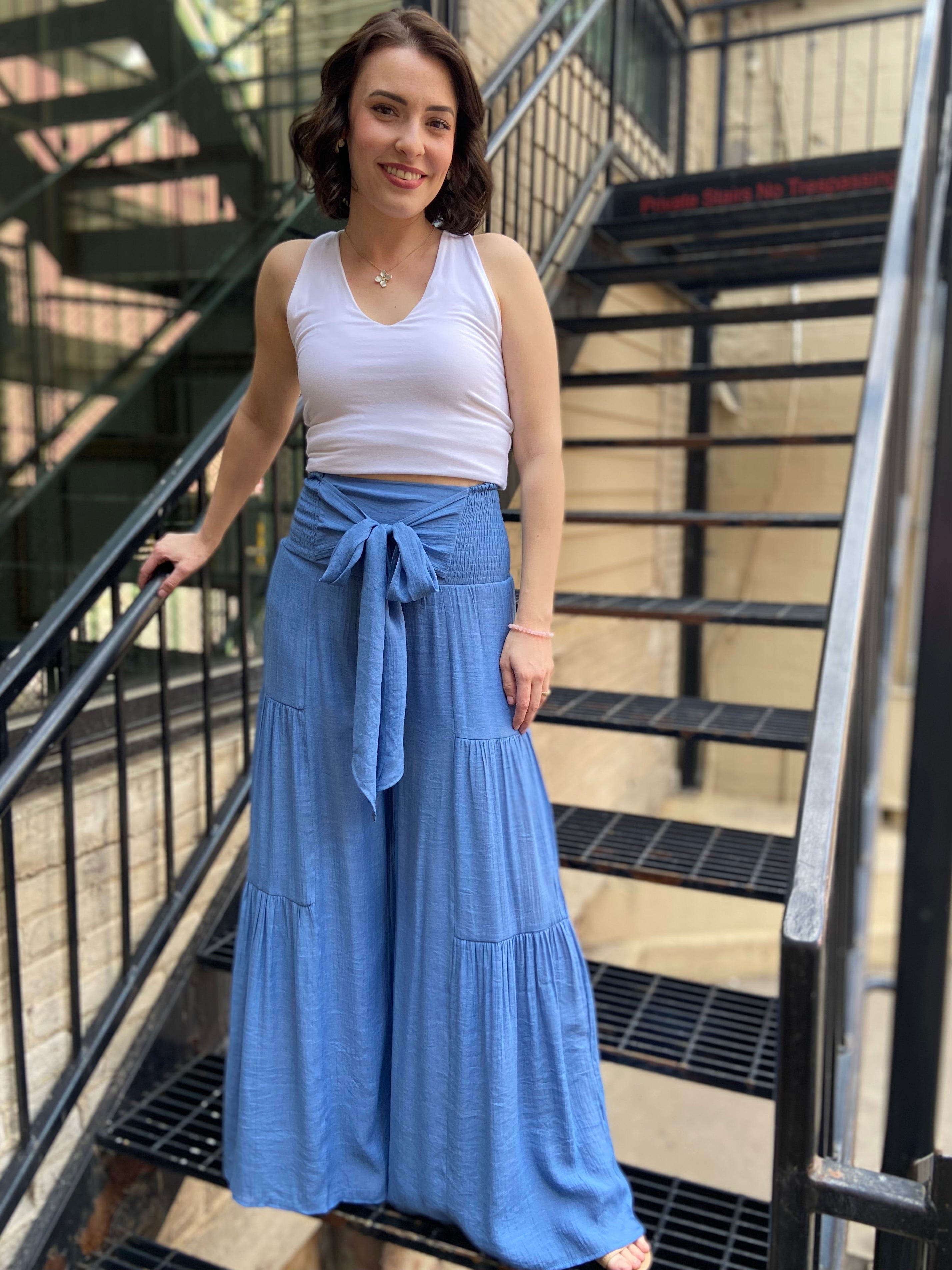 Kathy Blue Wide Leg Tiered Pants