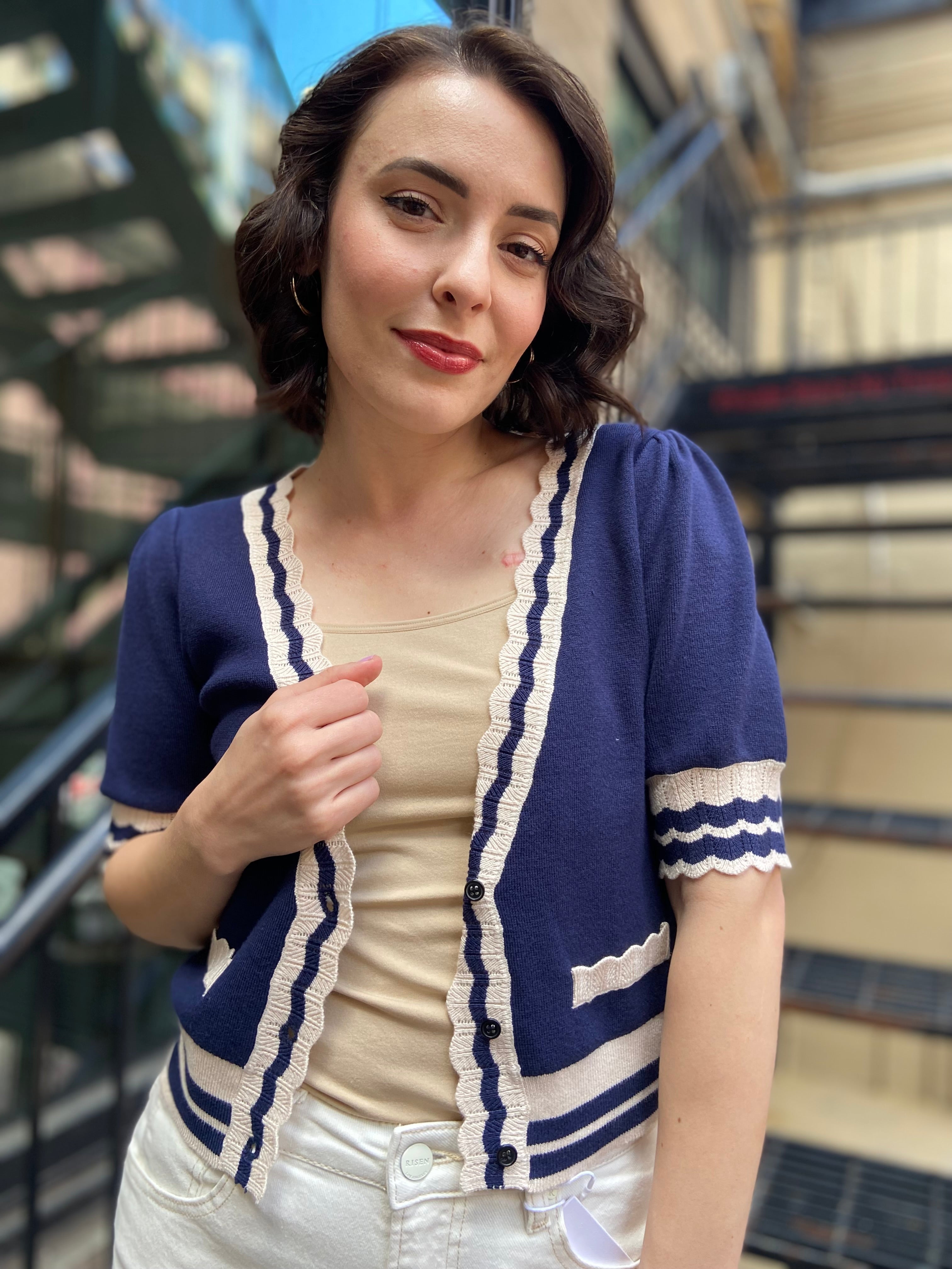 Jane Navy Blue White Trim Sweater Top - MK Threads Boutique