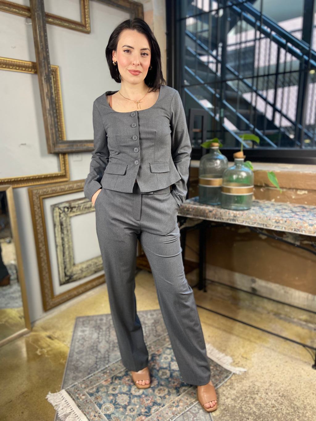 Haven Charcoal Square Neck Fitted Blazer Top - MK Threads Boutique