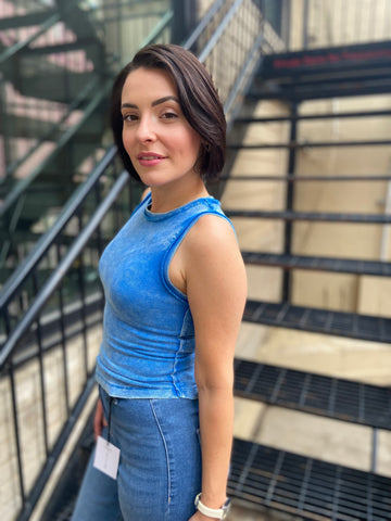 Corna Blue Washed Ribbed Tank Top