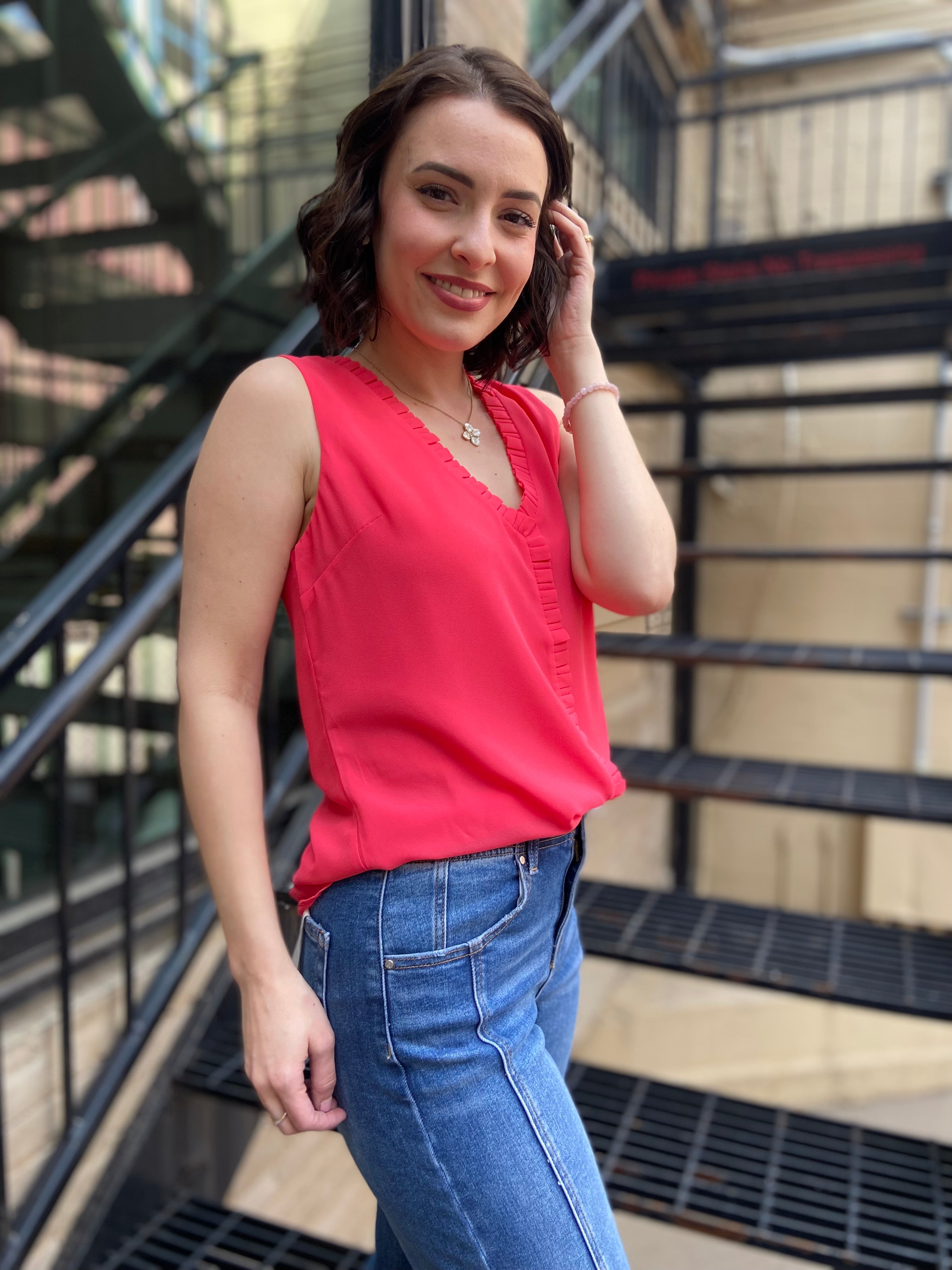 Larissa Watermelon Pleated Ruffle V- Neck Top