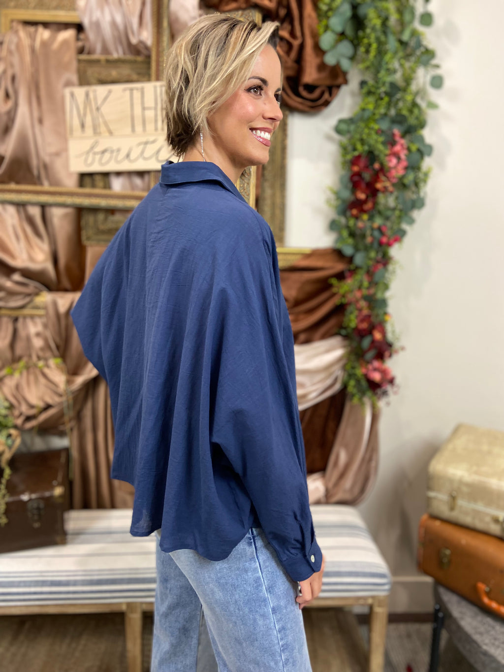 Willow Navy Blue Overside Long Sleeve Blouse
