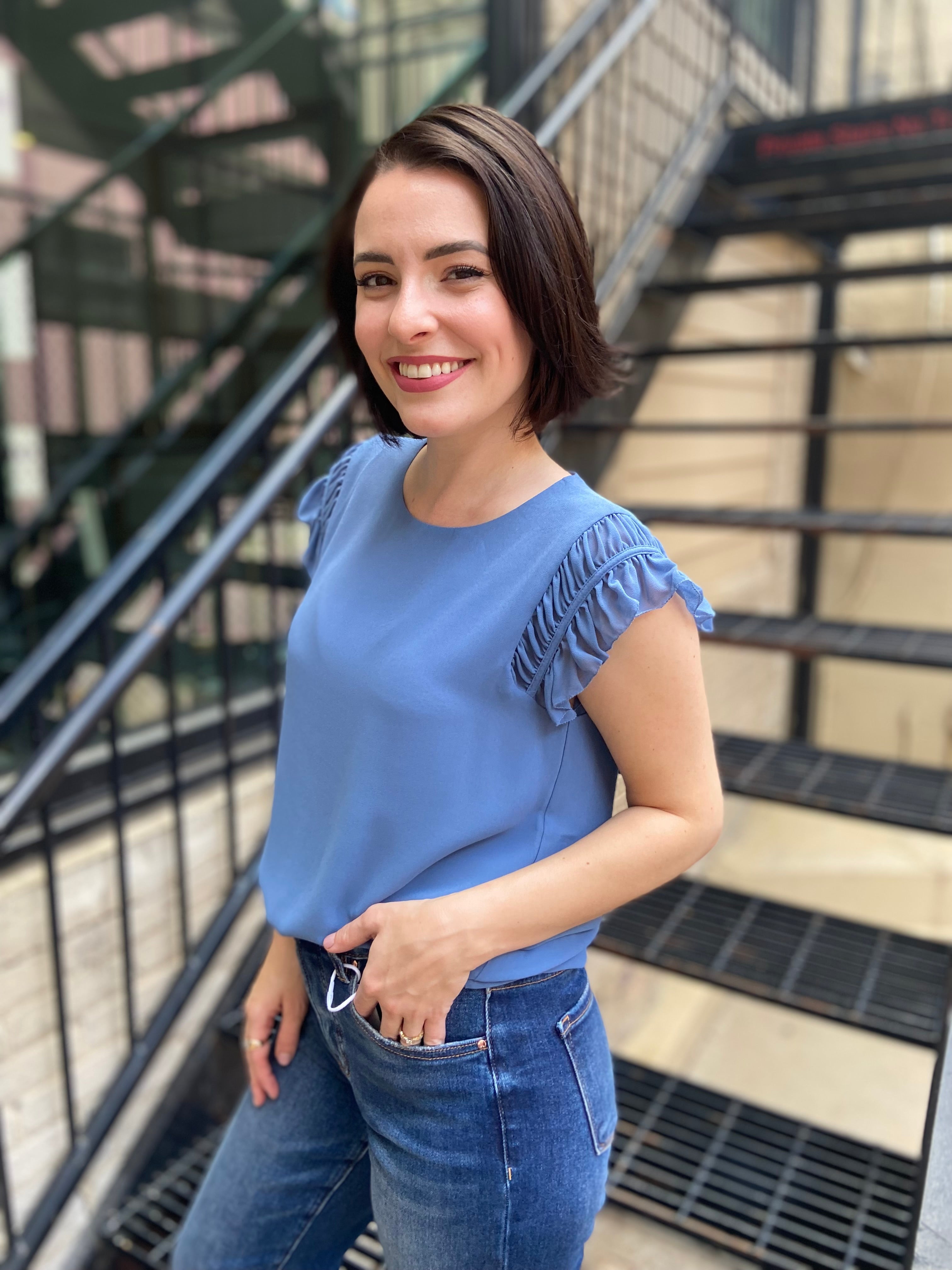 Miles Light Blue Ruffled Shoulder Cap Sleeve Top