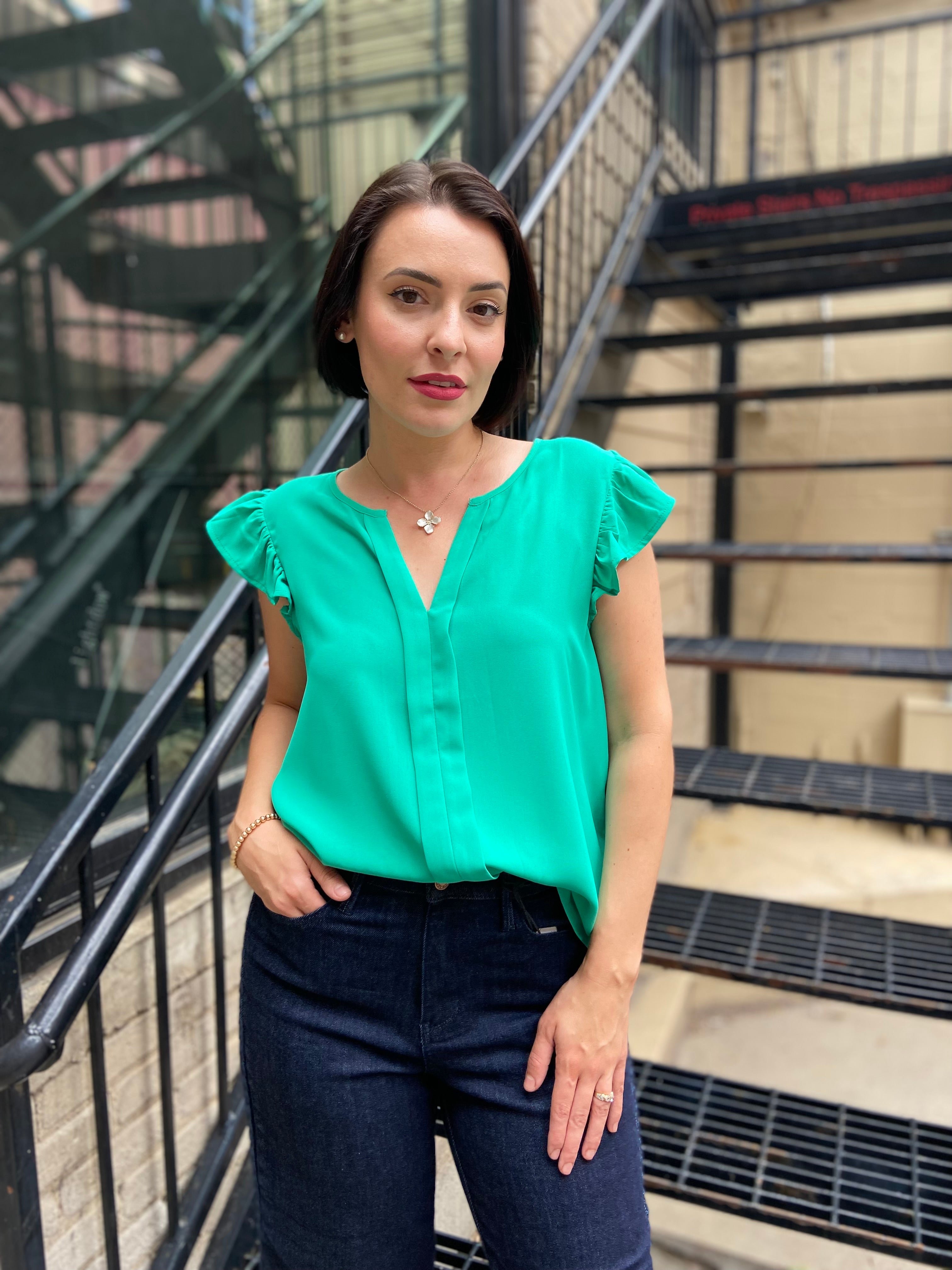 Bodhi Light Emerald Flutter Sleeve Blouse