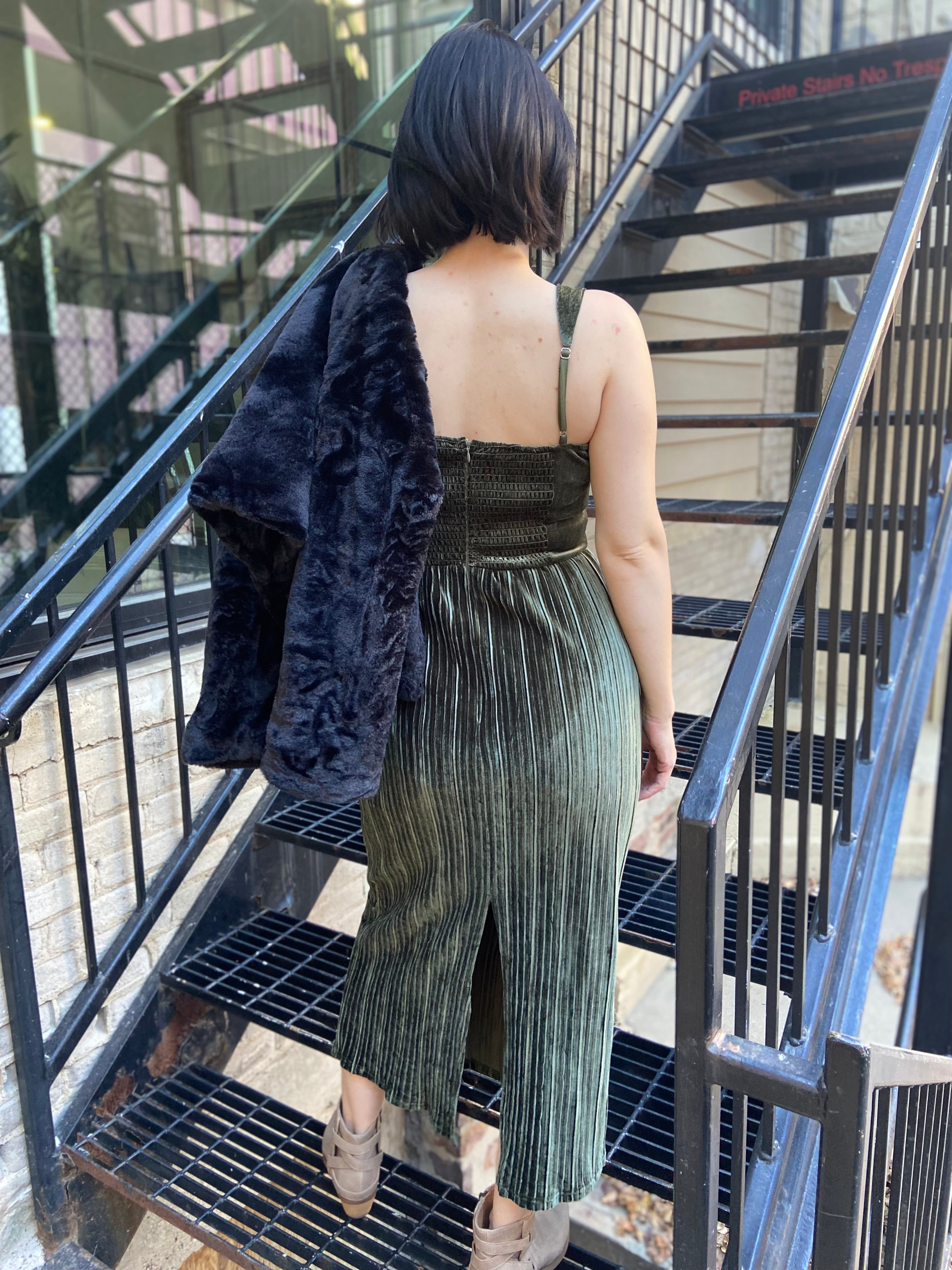 Tiana Olive Velvet Pleated Maxi Dress