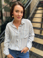 Katie Blue Striped Pocket Long Sleeve Blouse