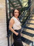 Abbey Champagne Satin Collard Sleeveless Blouse