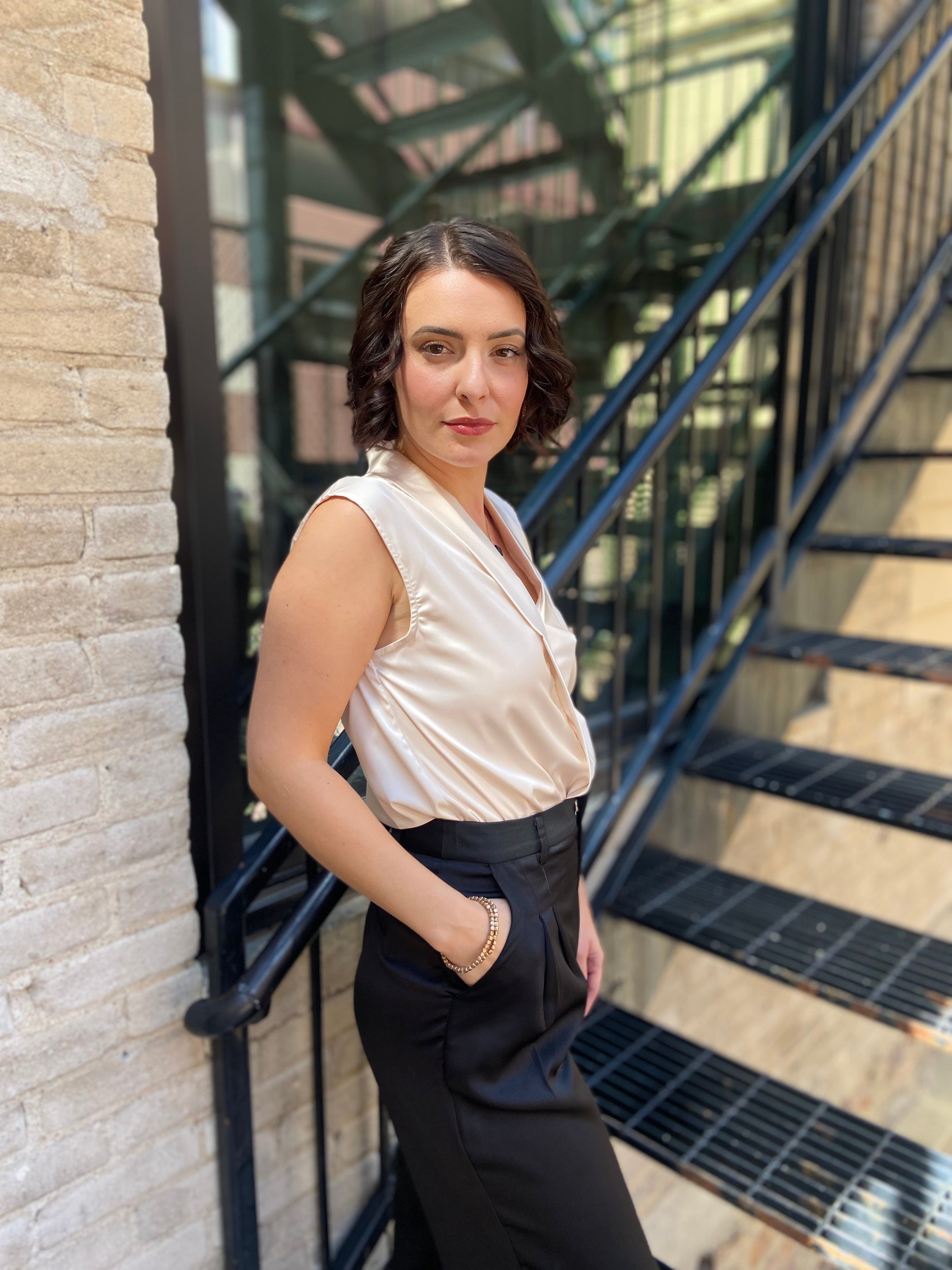 Abbey Champagne Satin Collard Sleeveless Blouse