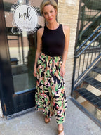 Natalia Black Tropical Pattern Midi Skirt