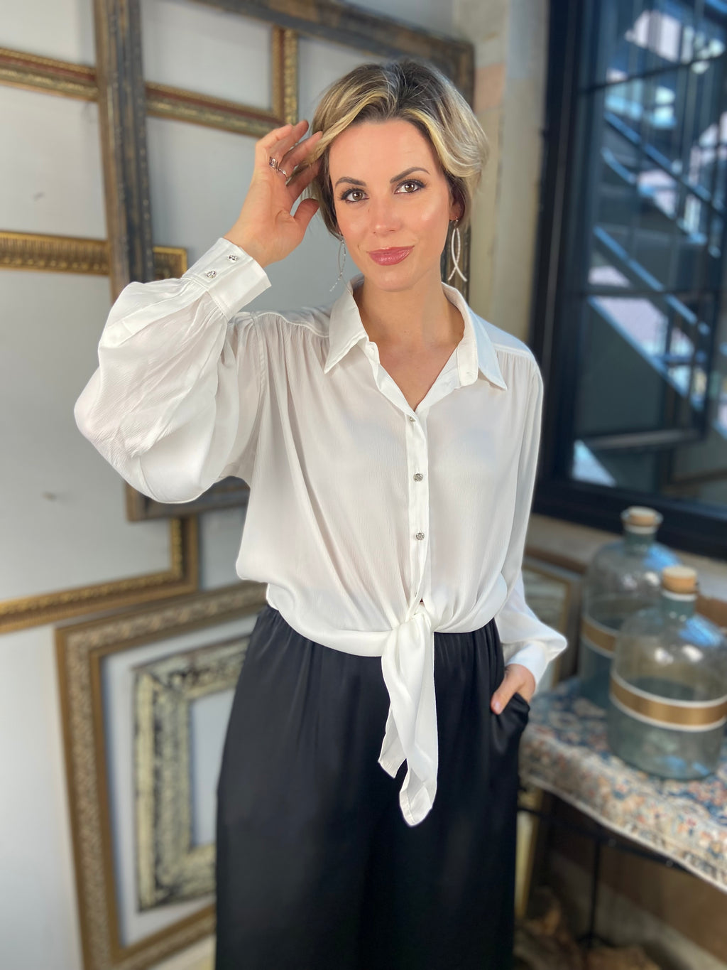 Billie White Button Detail Long Sleeve  Button Up