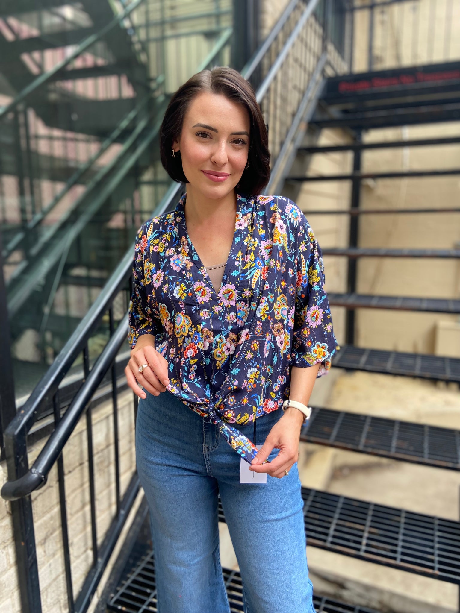 Fay Navy Floral Tie Blouse
