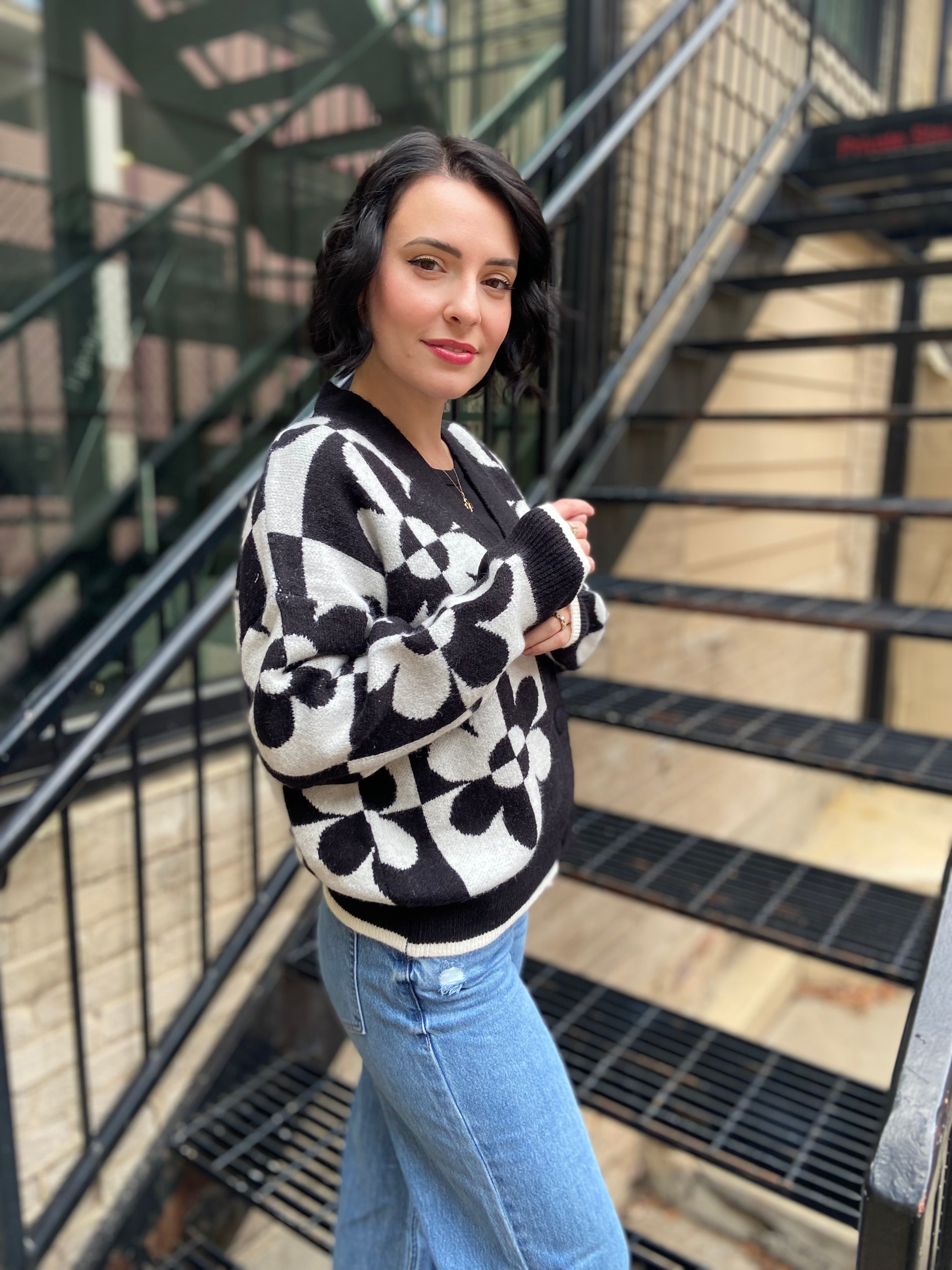 Stephanie Black & White Flower Cardigan