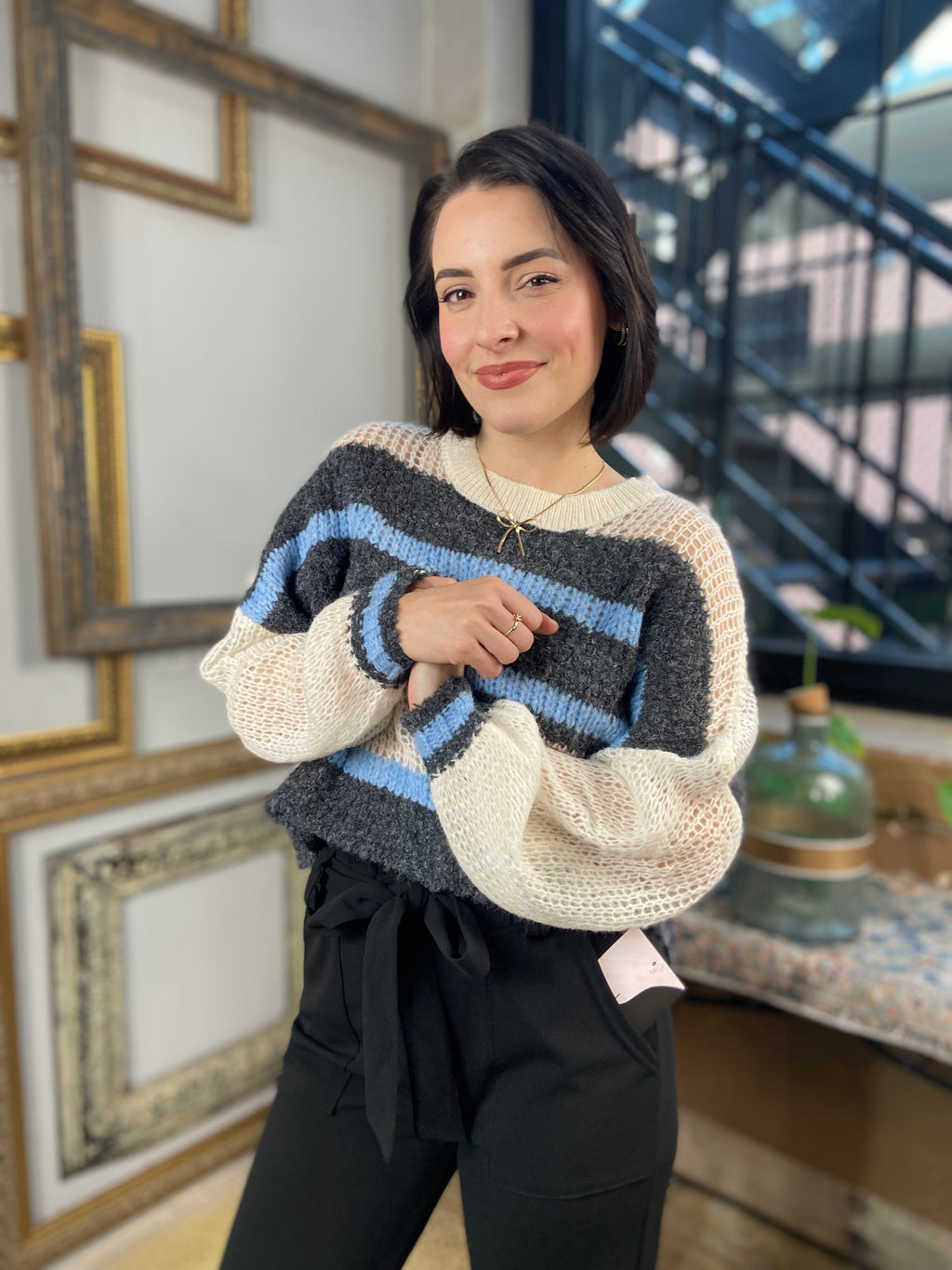 Melody Navy Stripe Crochet Sweater