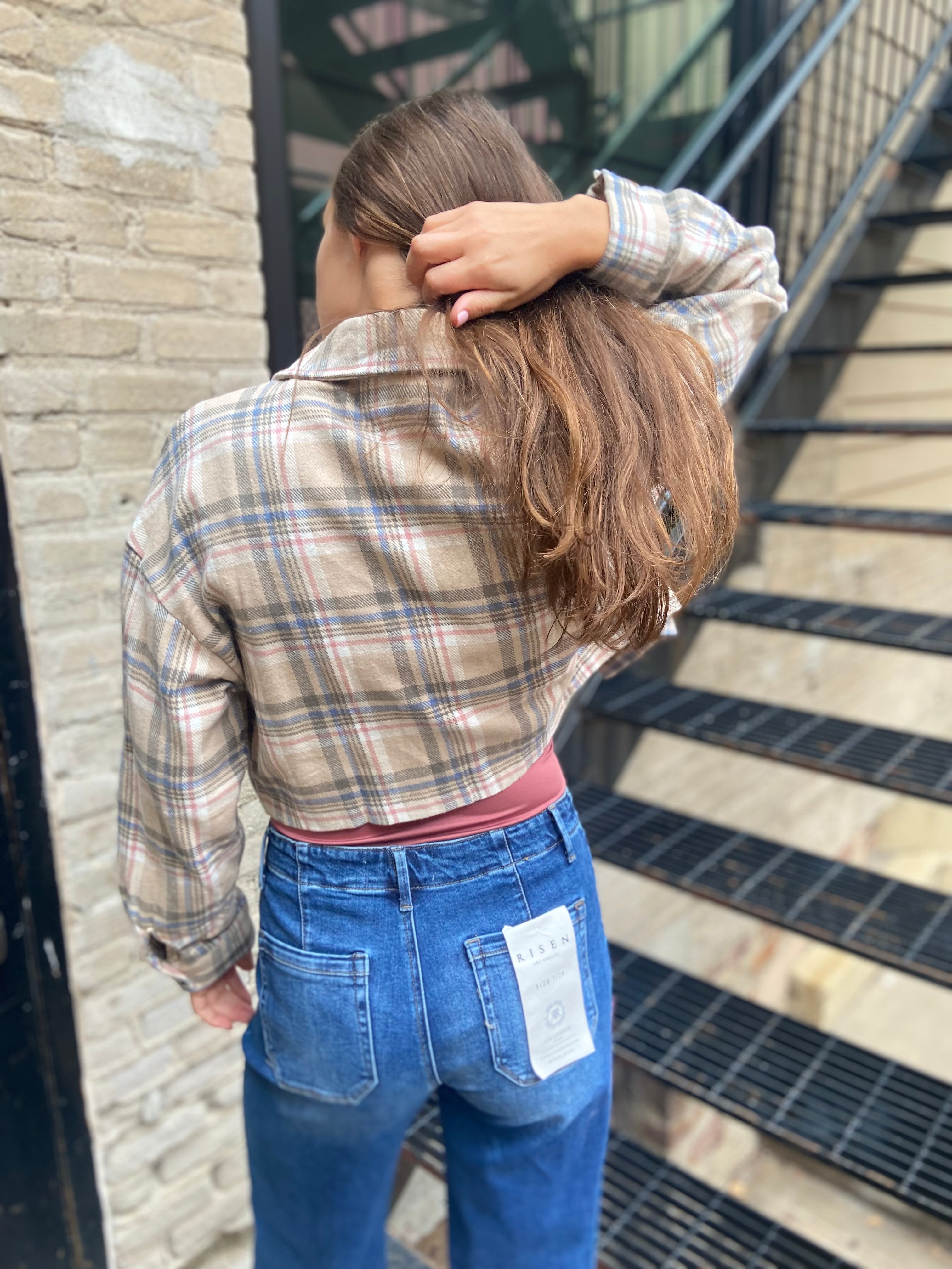 Nance Light Taupe Cropped Plaid Shacket