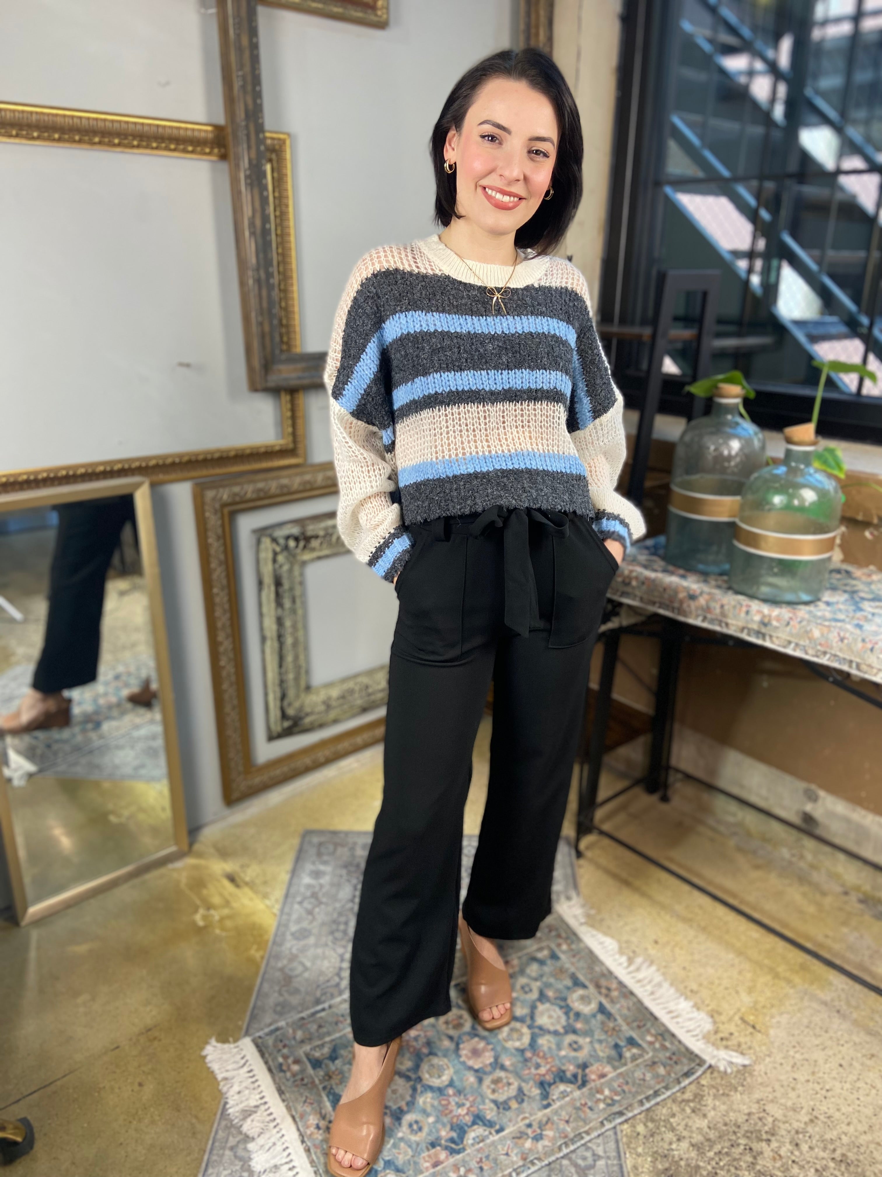 Melody Navy Stripe Crochet Sweater