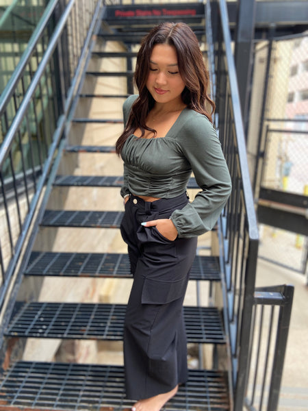 Brycen Pine Green Shirred Cropped Top