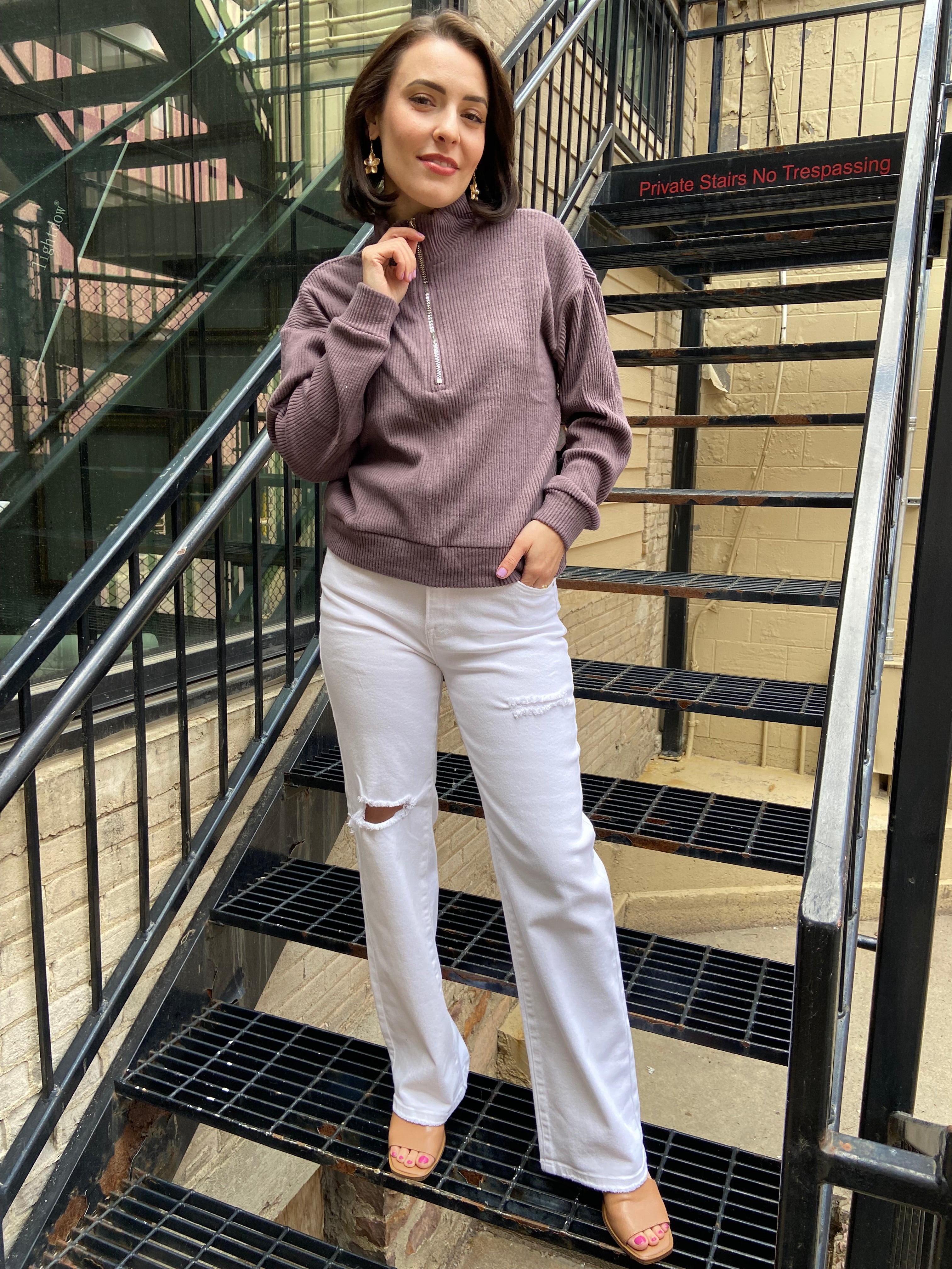 Kallie Taro Drop Shoulder Ribbed Half Zip - MK Threads Boutique
