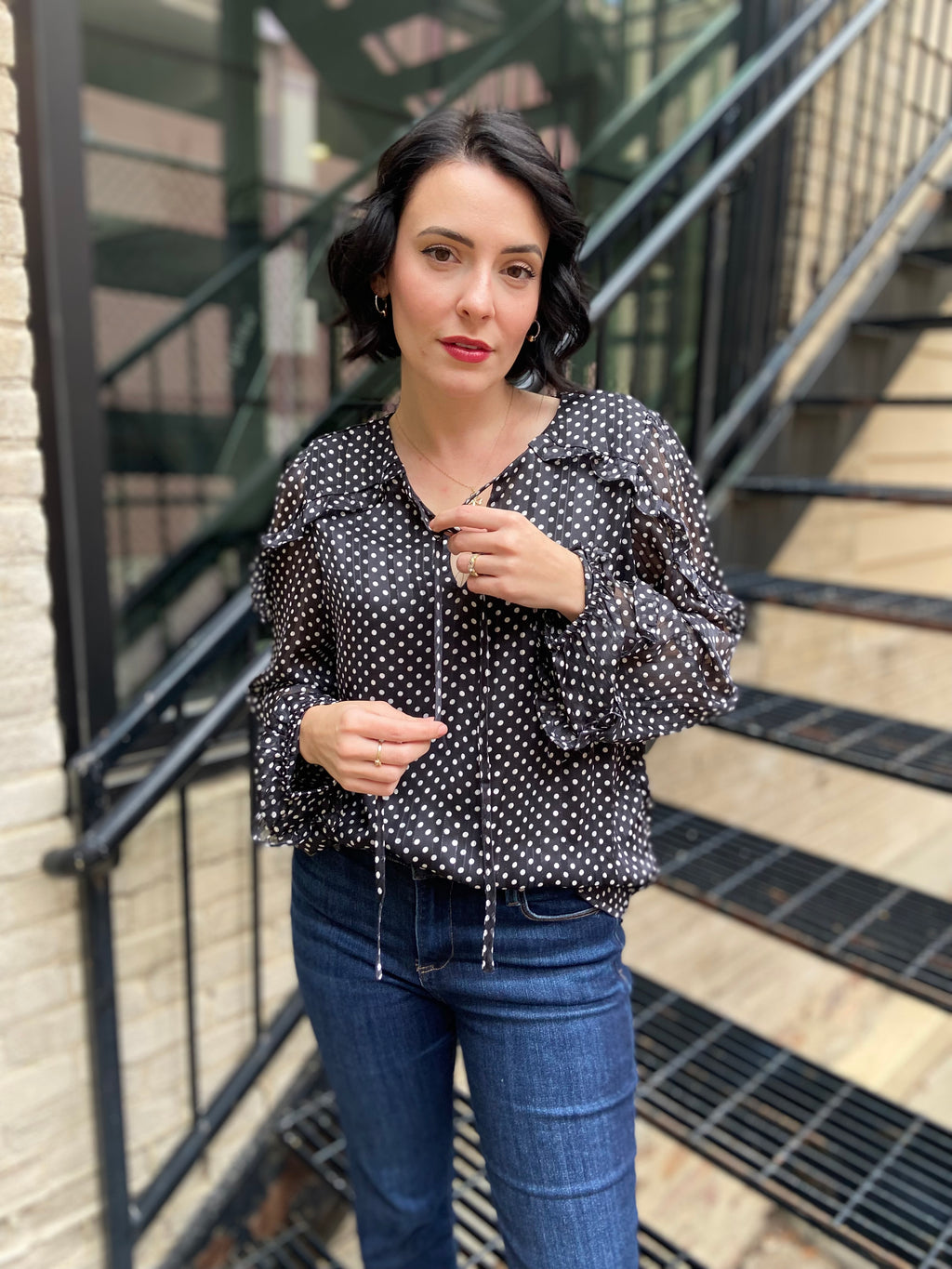 Erika Black & White Polka Dot Long Sleeve Blouse