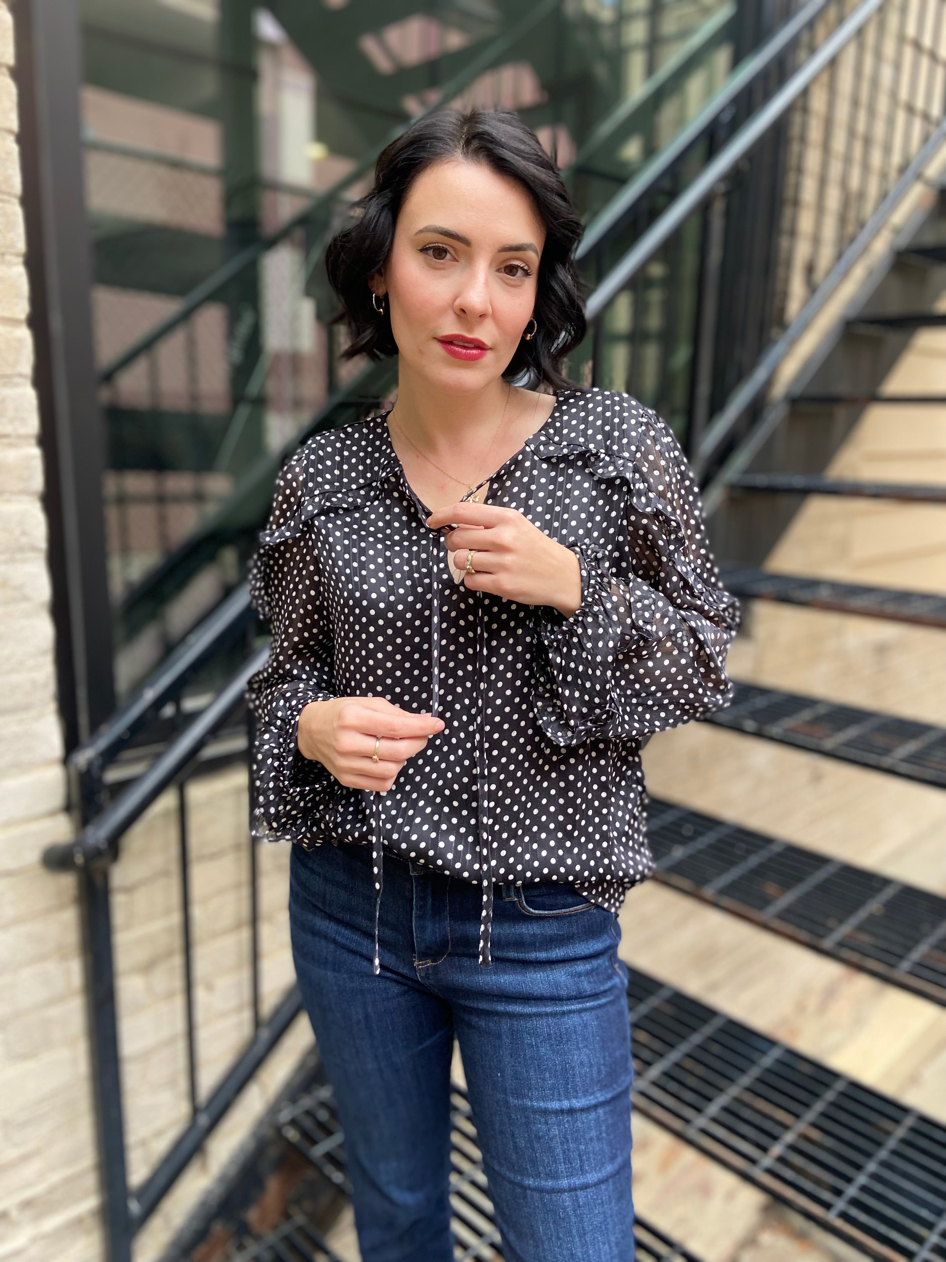 Erika Black & White Polka Dot Long Sleeve Blouse