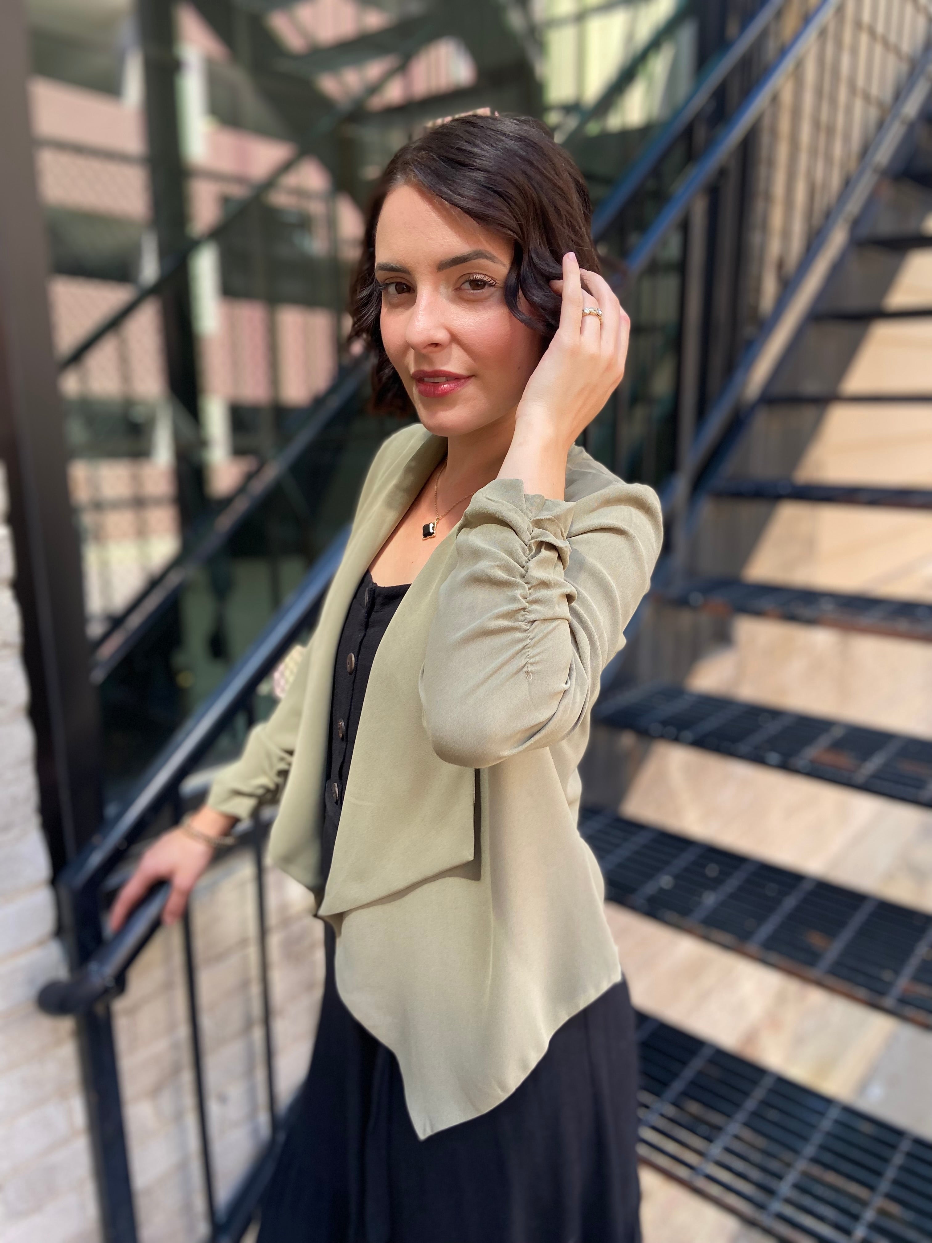 Sadi Olive Half Sleeve Open Cropped Blazer