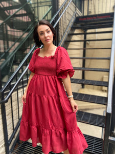Tatum Wine Puff Sleeve Midi dress