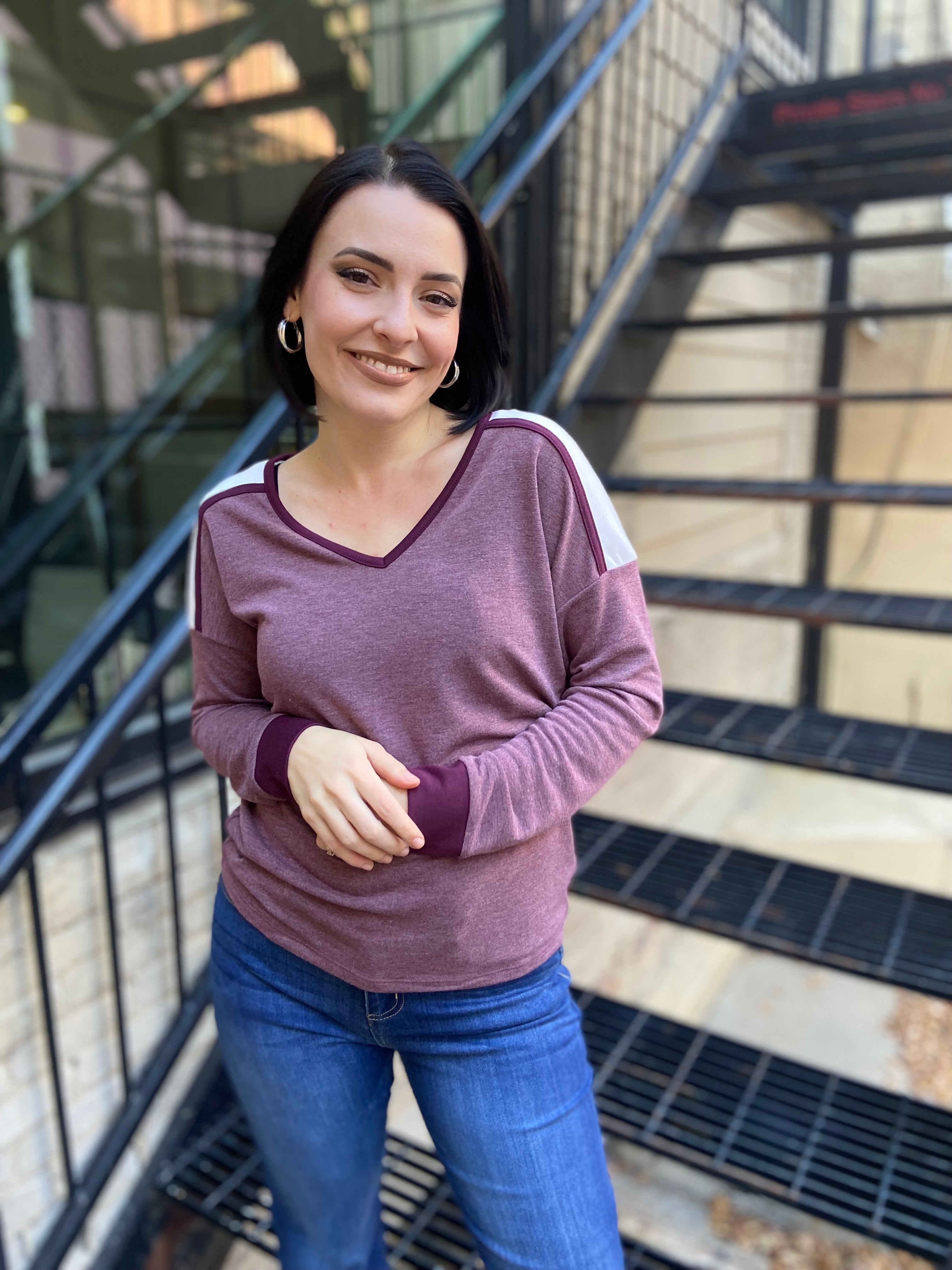 Lucy Burgundy Trim V-Neck Long Sleeve