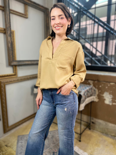 Quin Beige V Neck Long Sleeve Blouse