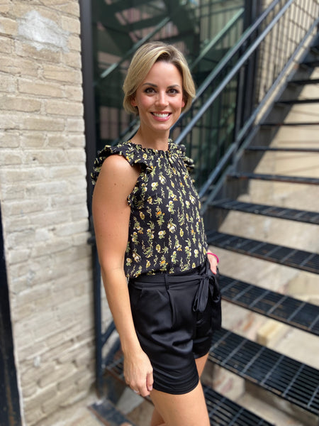 Onyx Black Floral Ruffle Sleeveless Top