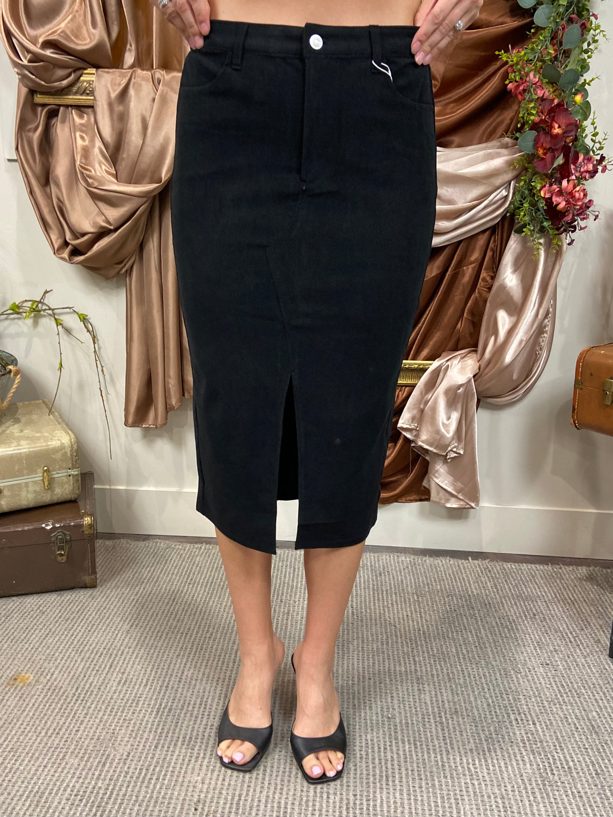 Scarlett Black Slit Corduroy Midi Skirt