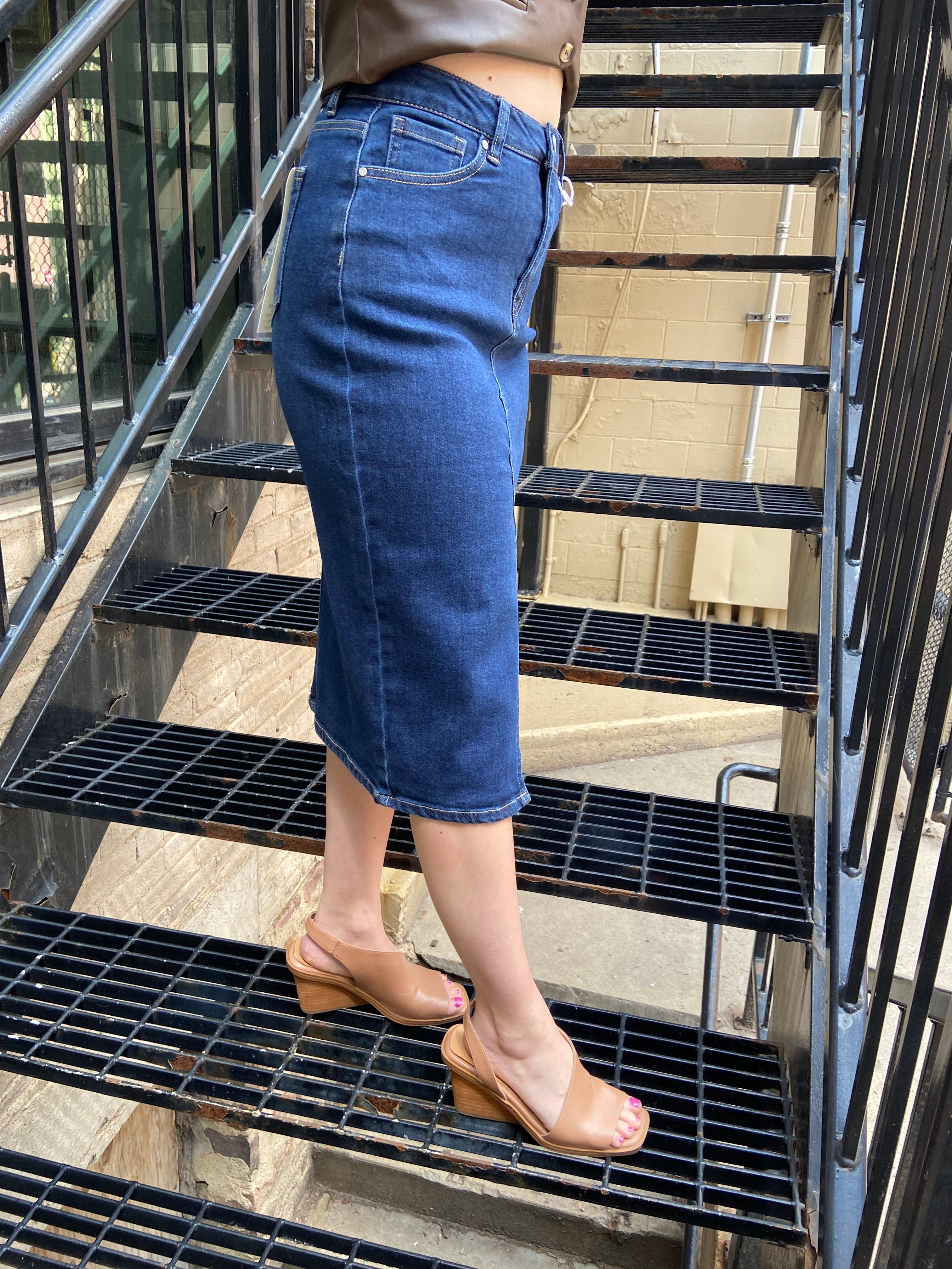 Nanci Dark Wash Midi Risen Jean Skirt