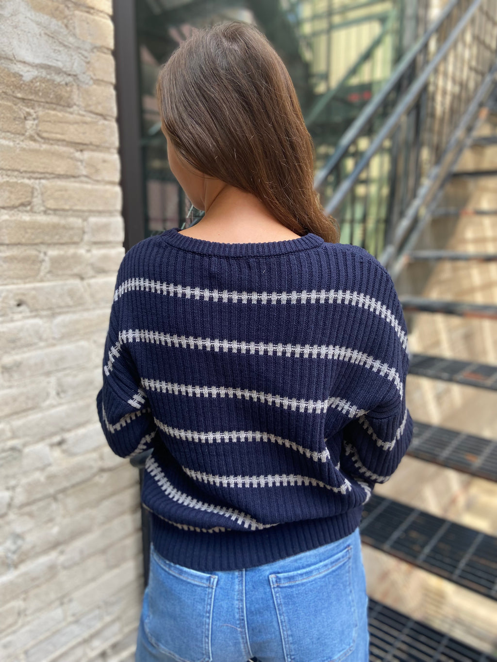 Nalu Navy Striped Ribbed Knit Sweater