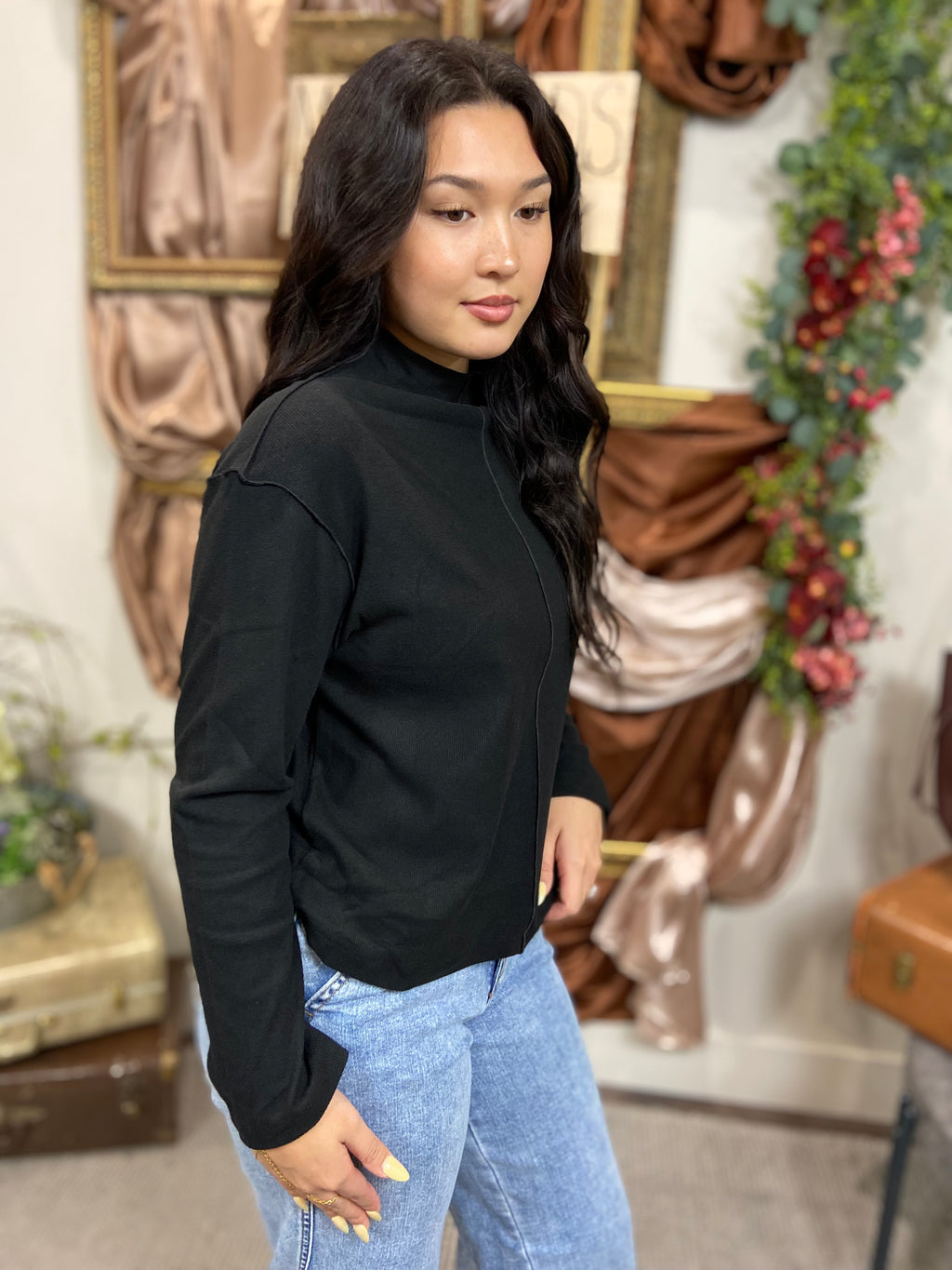 Virginia Black Long Sleeve Ribbed Top