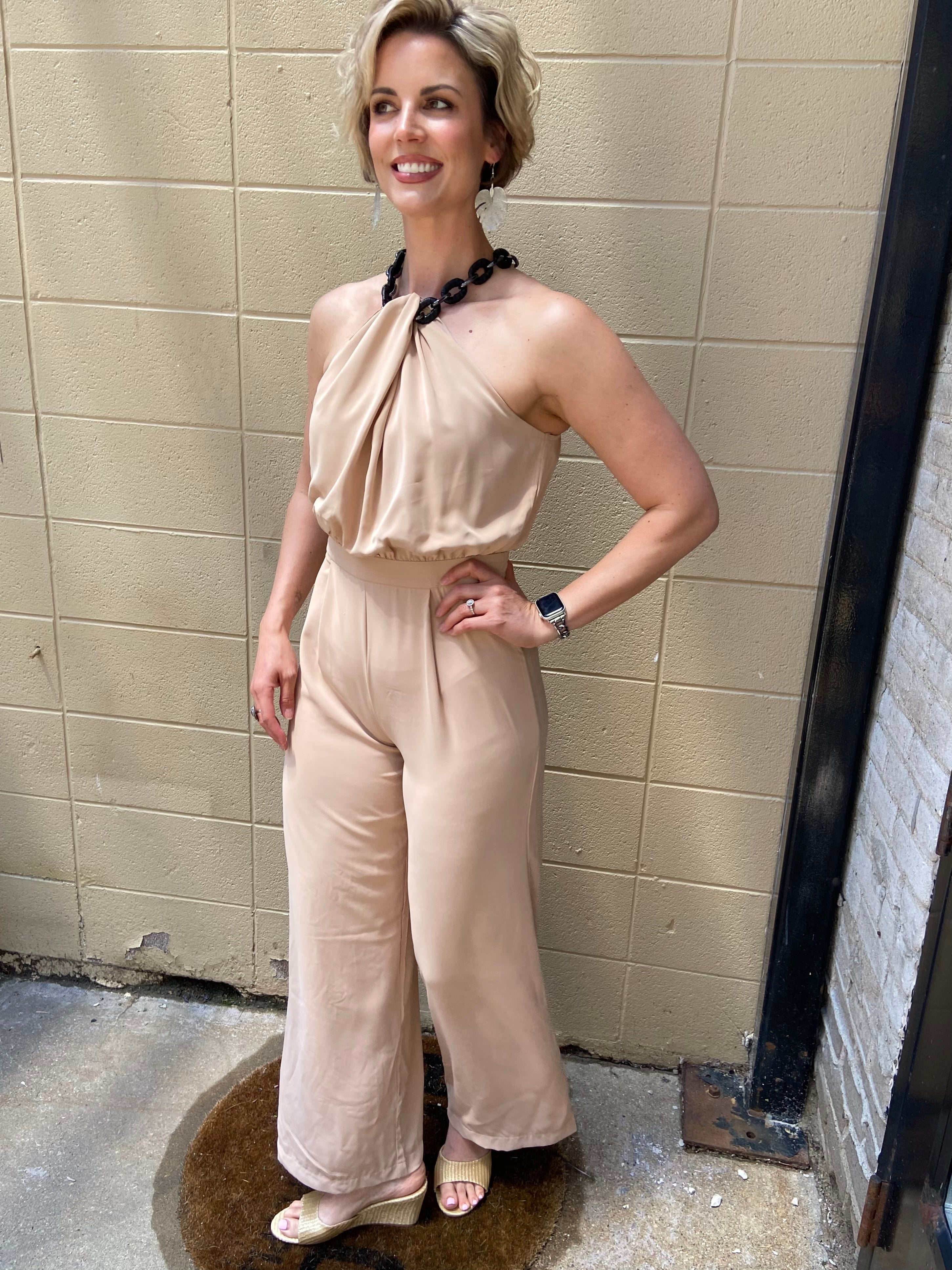 June Beige Halter Neck Jumpsuit - MK Threads Boutique