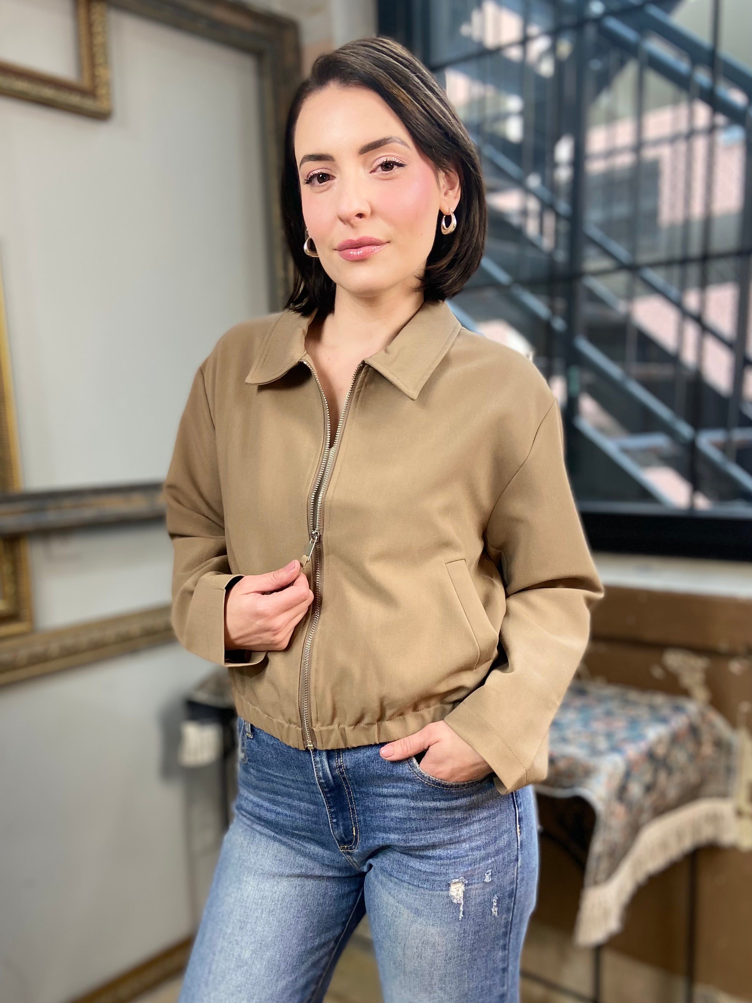 Cole Mocha Cropped Zip Up Jacket