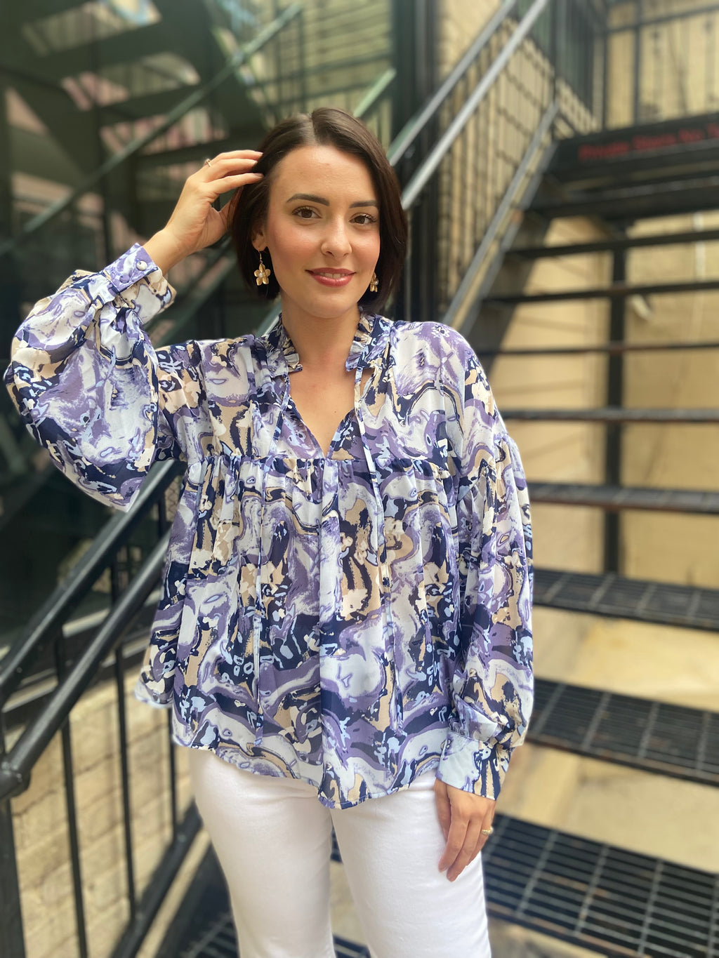 Dallas Slate Blue Marble  Long Sleeve Blouse