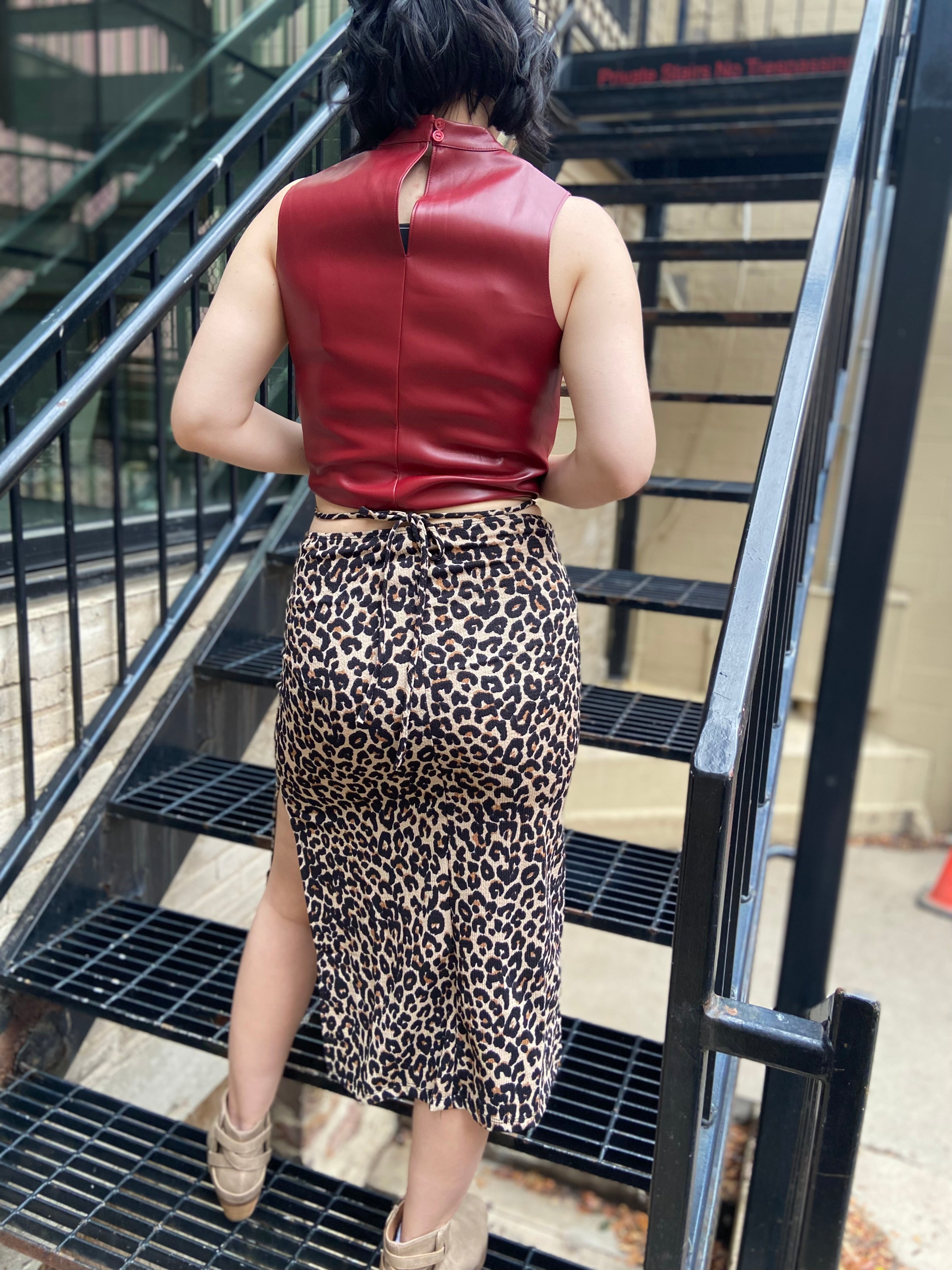 Cheetah Tie Waist Side Slit Midi Skirt