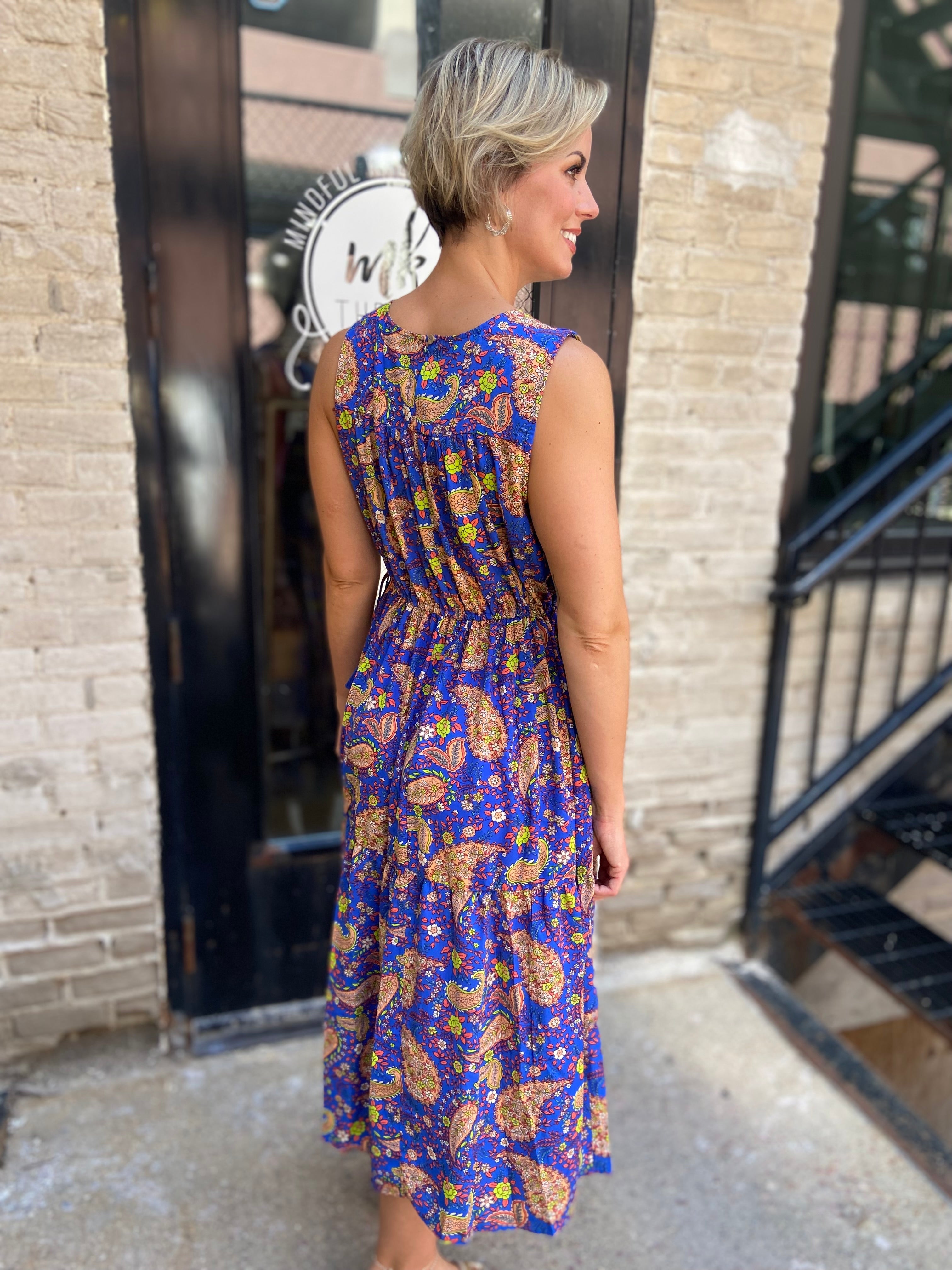 Riri Royal Blue Paisley Print Midi Dress