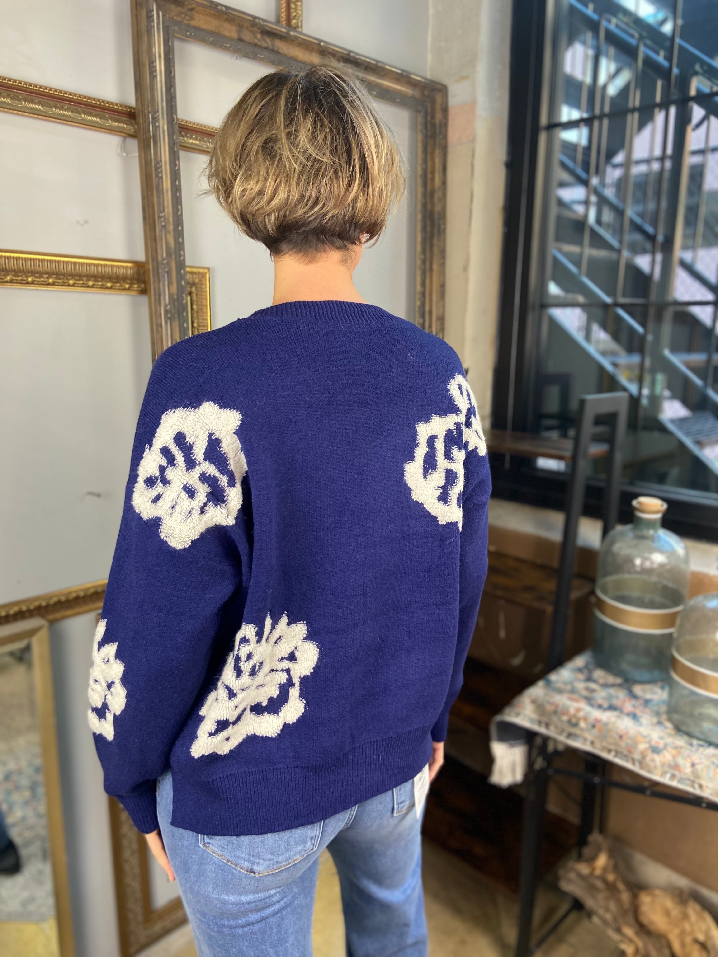 Angel Navy Blue Floral Knit Sweater